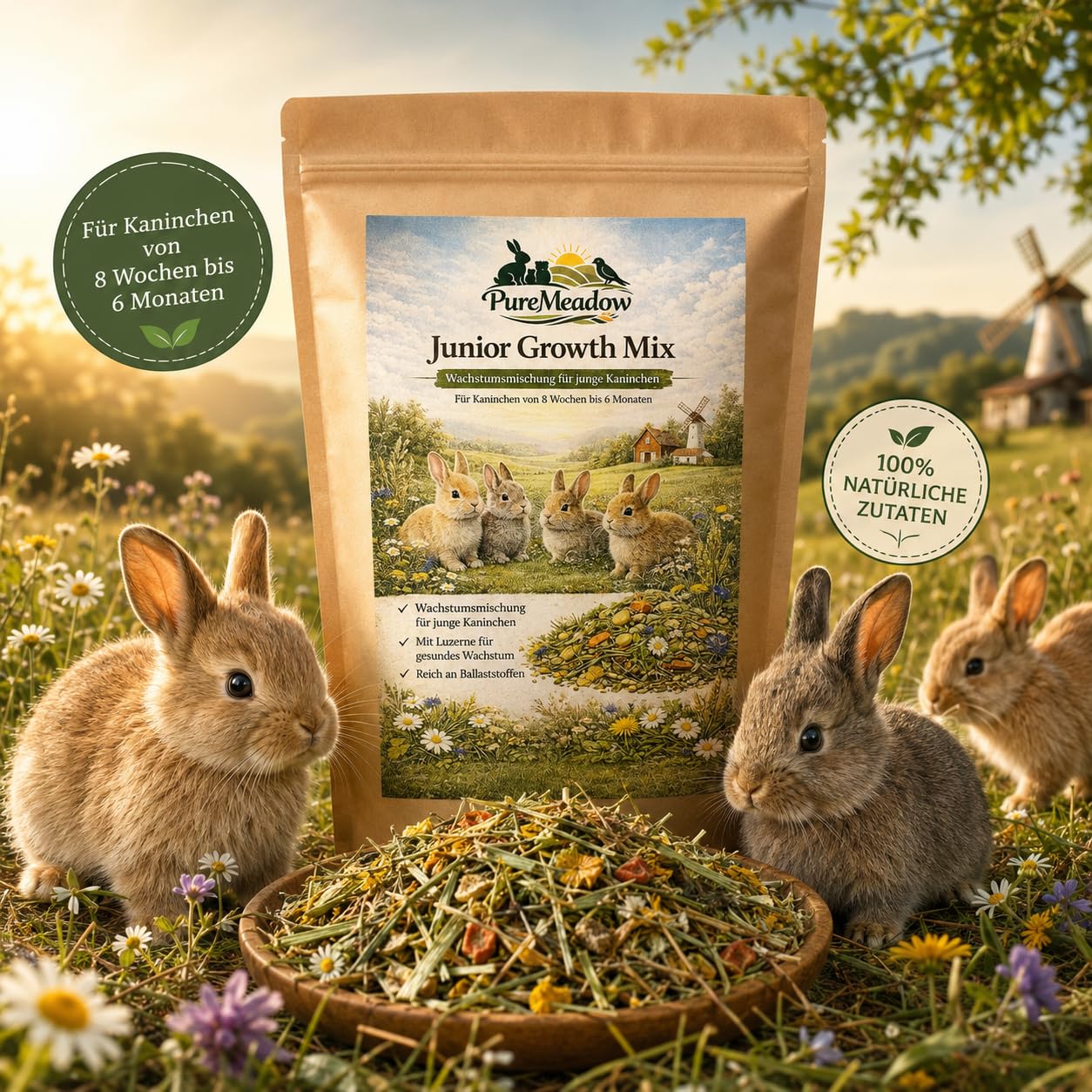 PureMeadow Junior Growth Mix 1 kg – Comida para conejos jóvenes con alfalfa, rica en estructura y rica en fibra, para 8 semanas – 6 meses