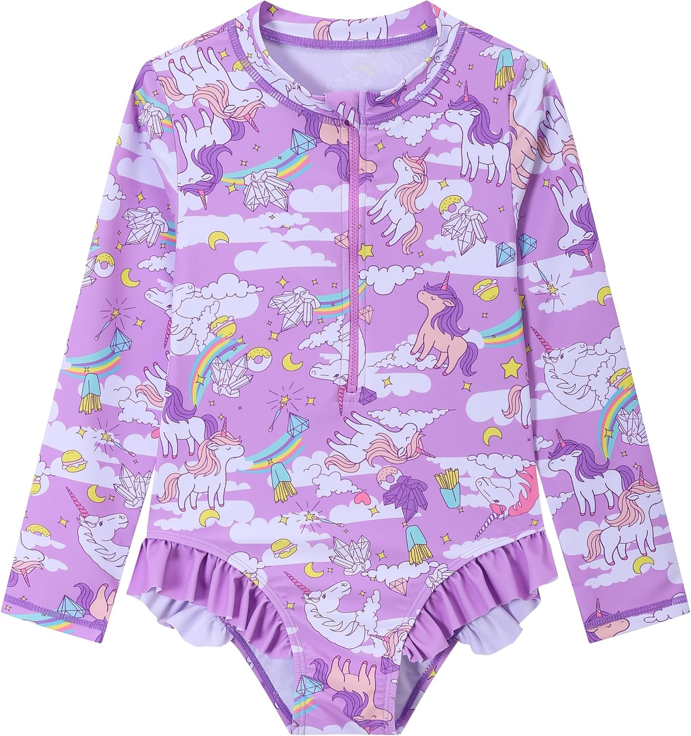 Girls Swimsuits Cute Kids Long Sleeve Rash Guard Bathing Suit Quick Drying One Piece Beach Swimwear with UPF 50+