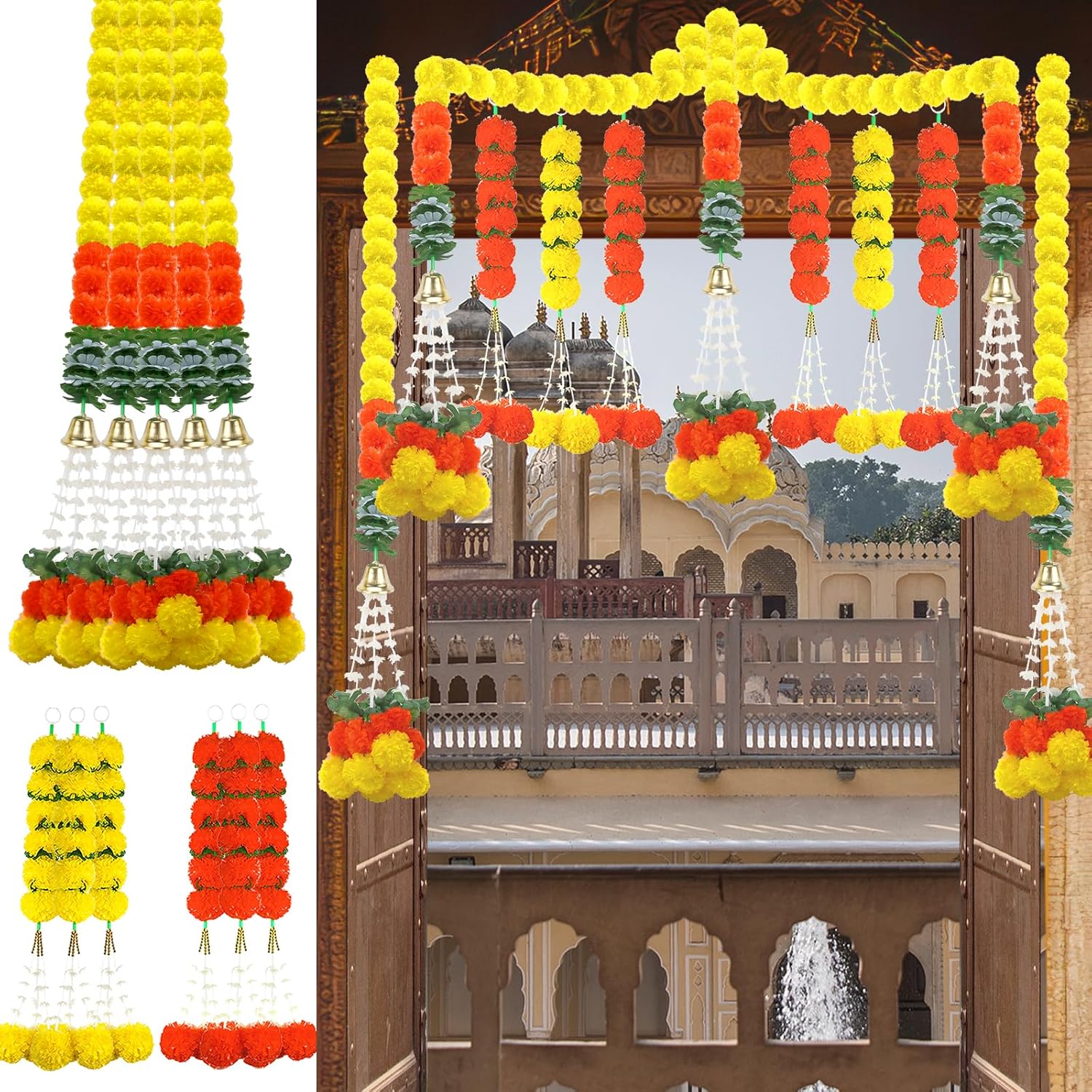 11PCS Diwali Decorations Marigold Garland for Home, Artificial Marigold with Bells and Leaves Long Strands for India Wedding, Pooja Decor, Marigold Flowers for All Year Decoration