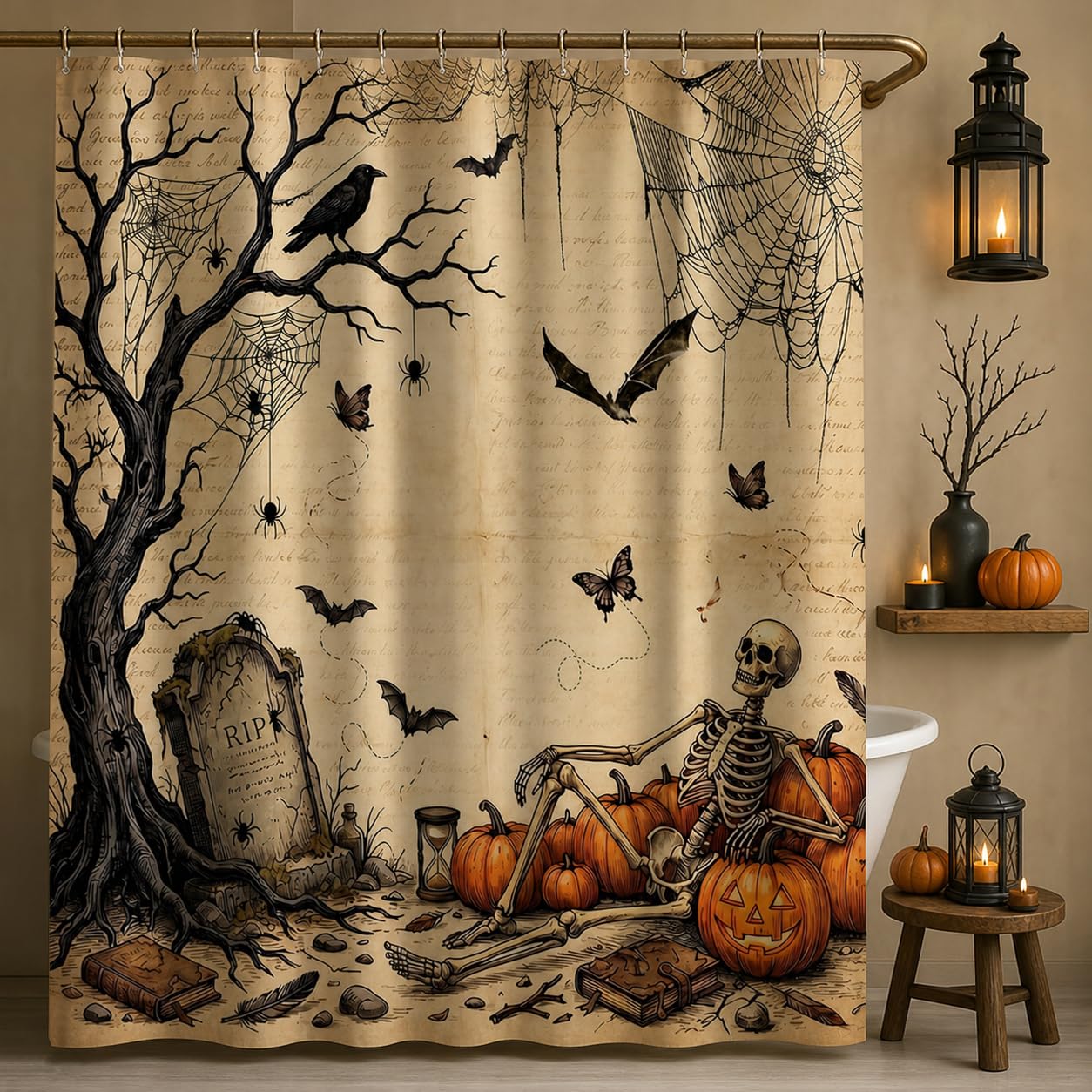 Mocsicka Vintage Halloween Shower Curtain Skull Shower Curtain ...
