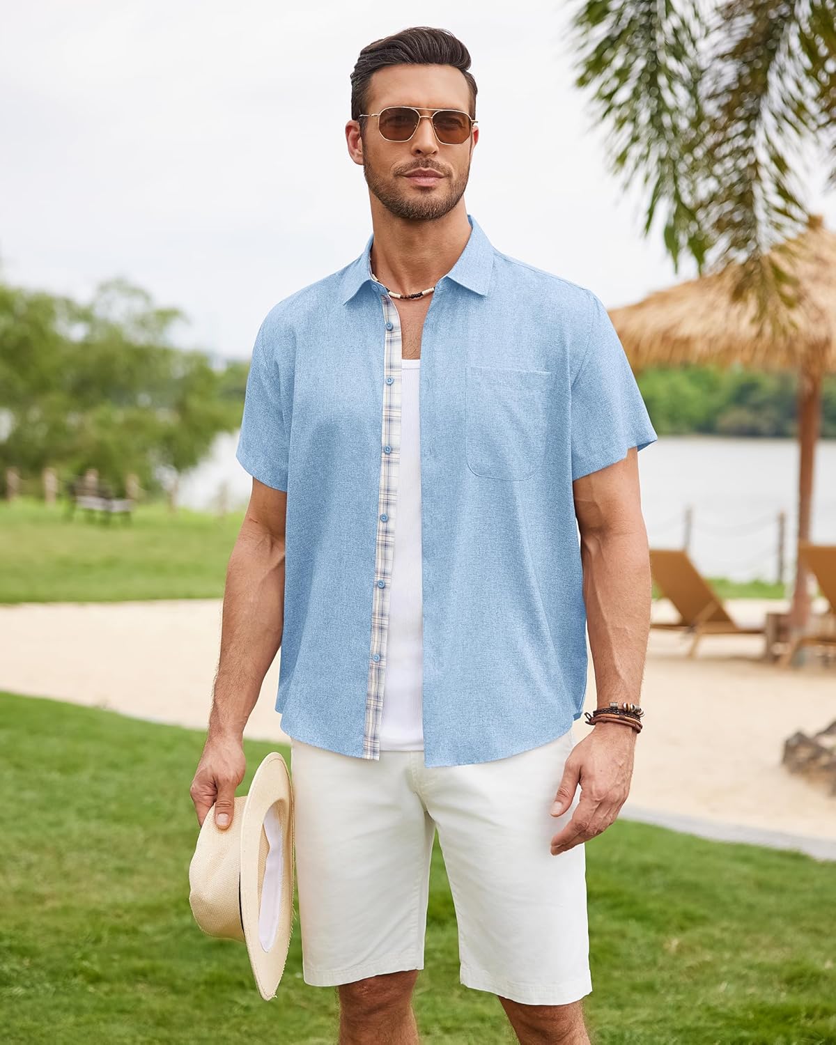 DEMEANOR Mens Linen Shirts Short Sleeve Wrinkle Free Untucked Shirt Casual Summer Beach Wedding Button Down Top with Pocket - Image 5