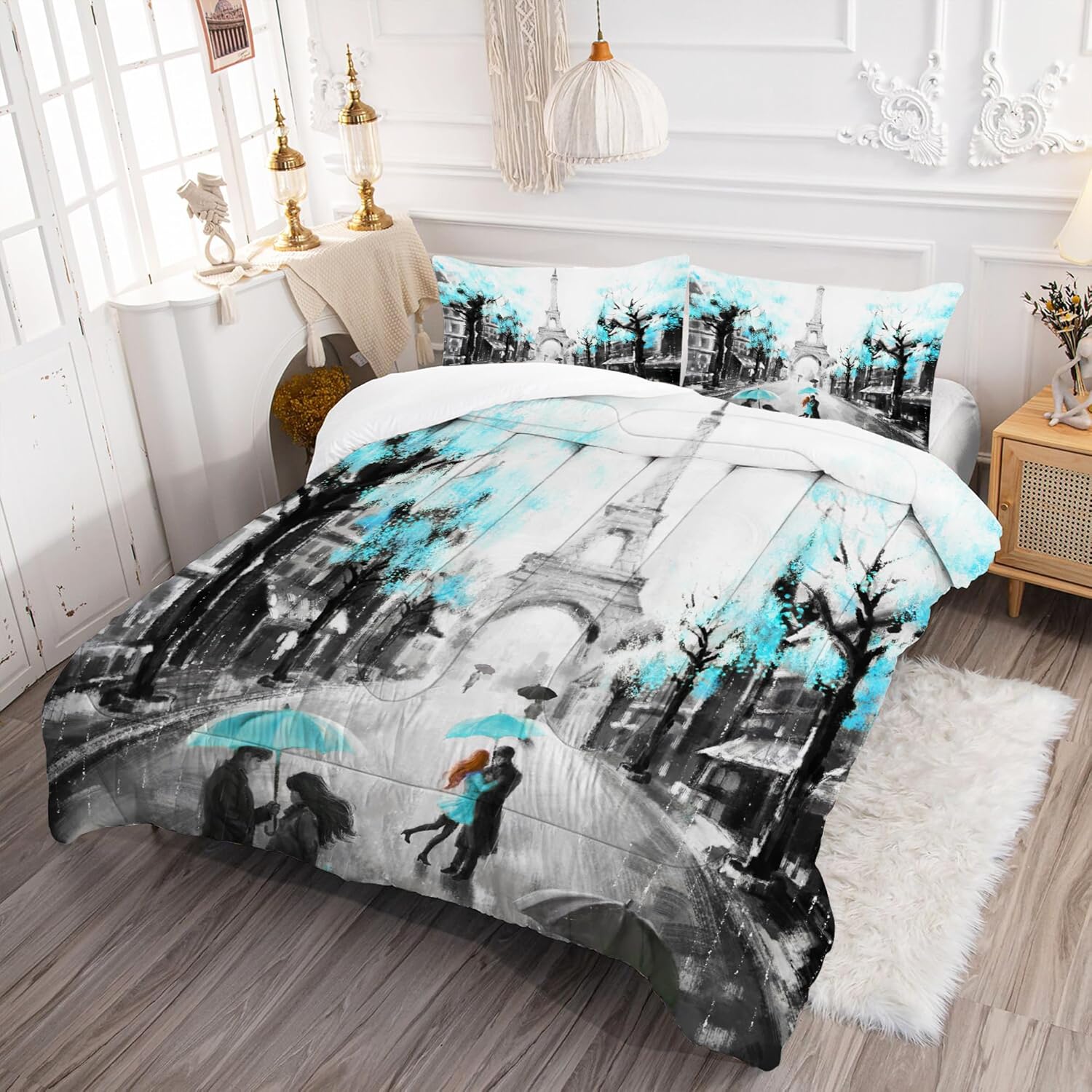 Paris Comforter Set Queen: Teal Paris Bedroom Decor Grey Eiffel Tower Bedding Sets French Style Romantic Quilt Bed Set for Couple Lover Women Men Adults 1 Comforter & 2 Pillowcases
