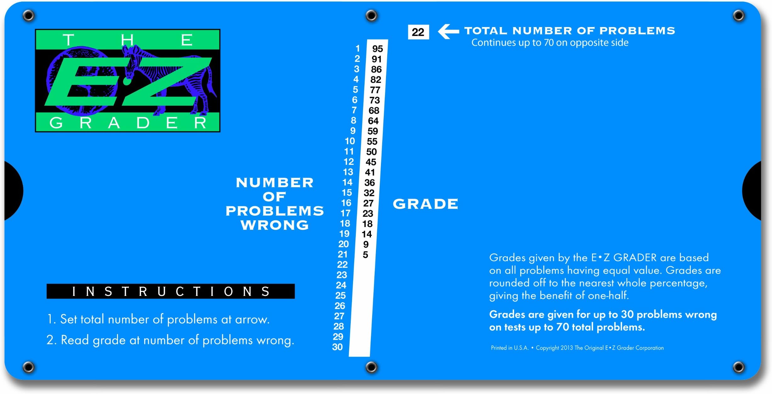7200 Large Print E-Z Grader, Educational Grading Chart, Computes Percentage Scores Up to 70 Questions, 10" x 5", Royal Blue