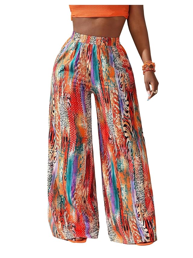 Womens Plus Size Graphic Boho Palazzo Pants Wide Leg High Waisted Vacation Long Trousers