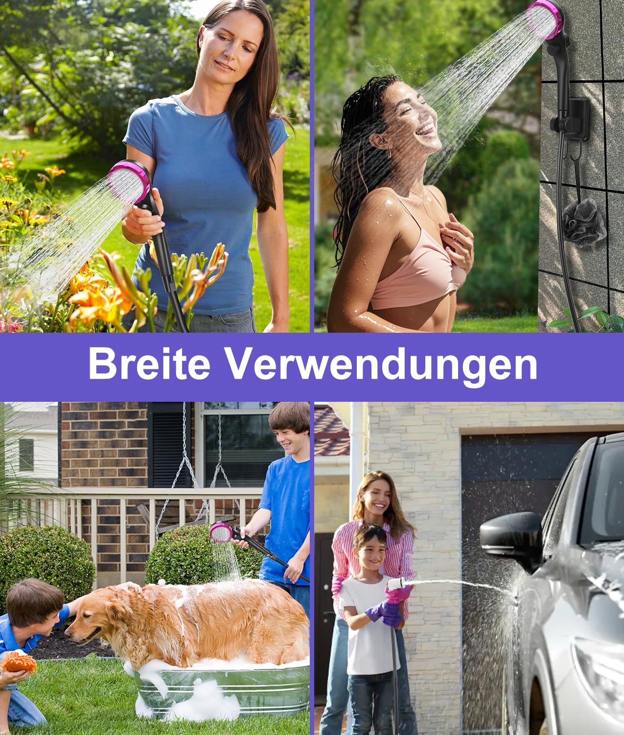 WADEO Tragbare Campingdusche Akku mit Pumpe, Camping Dusche mit wiederaufladbarem 6000-mAh-Akku und doppelter Digitalanzeige, Mobile Duschen mit Duschkopf, für Camping Reisen Garten (Lila, Typ C)