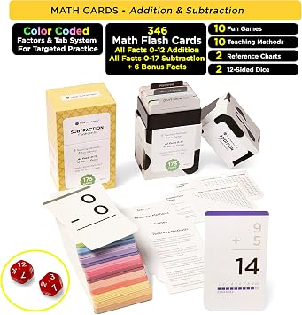 Ultimate Addition & Subtraction Math Mastery Flash Cards Bundle: 722 Equations (All Facts 0-12) for Engaging K-3rd Grade Learning - Fact Family & Single-Fact Cards, Color-Coded, Graphic Illustrations