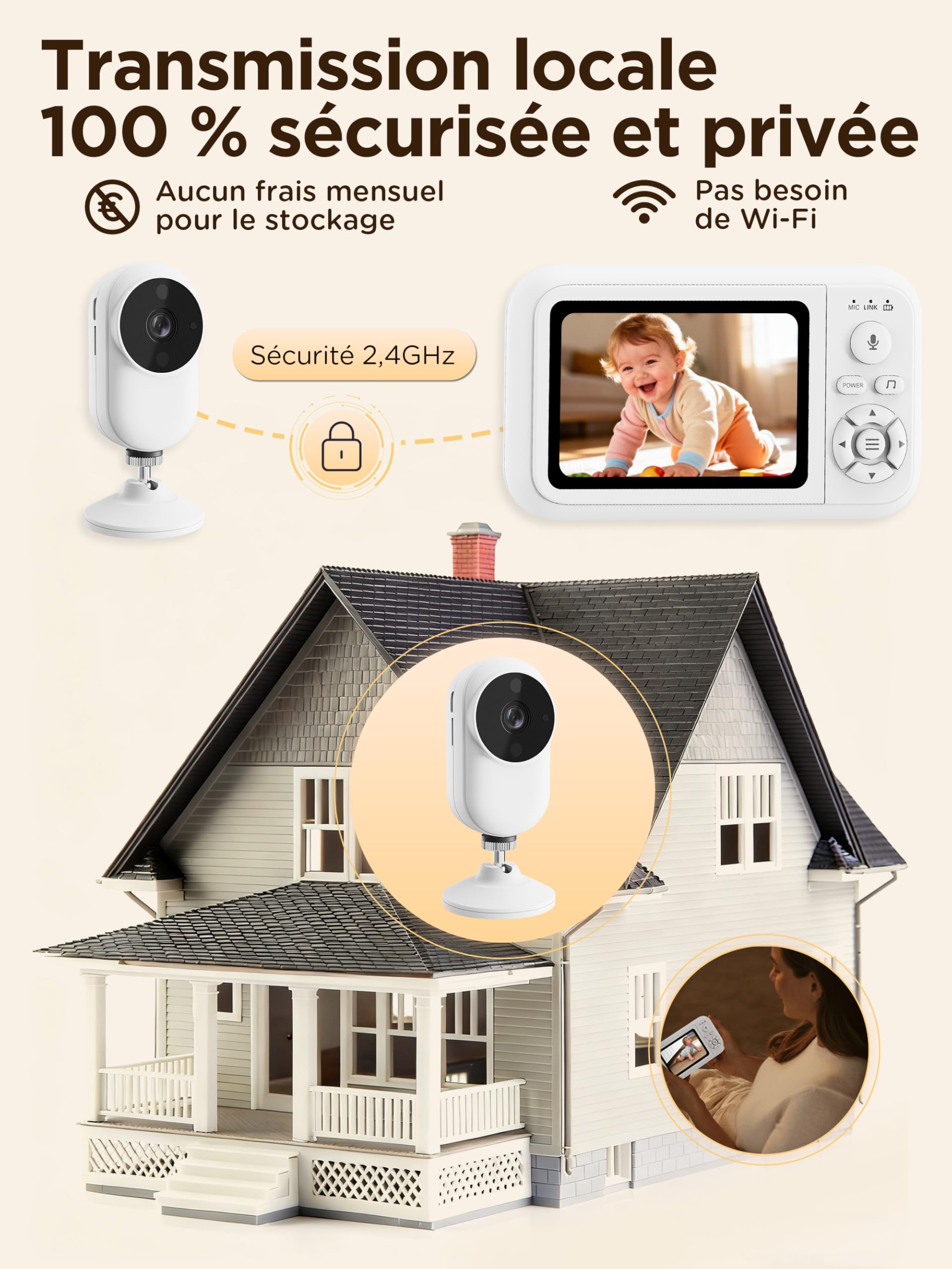 NUOTUN Babyphone Camera sans WiFi avec Support Lit, 1080P Camera Bebe Surveillance avec 3.5" IPS écran, Audio Bidirectionnel, Détection des Pleurs, Vision Nocturne, Berceuses