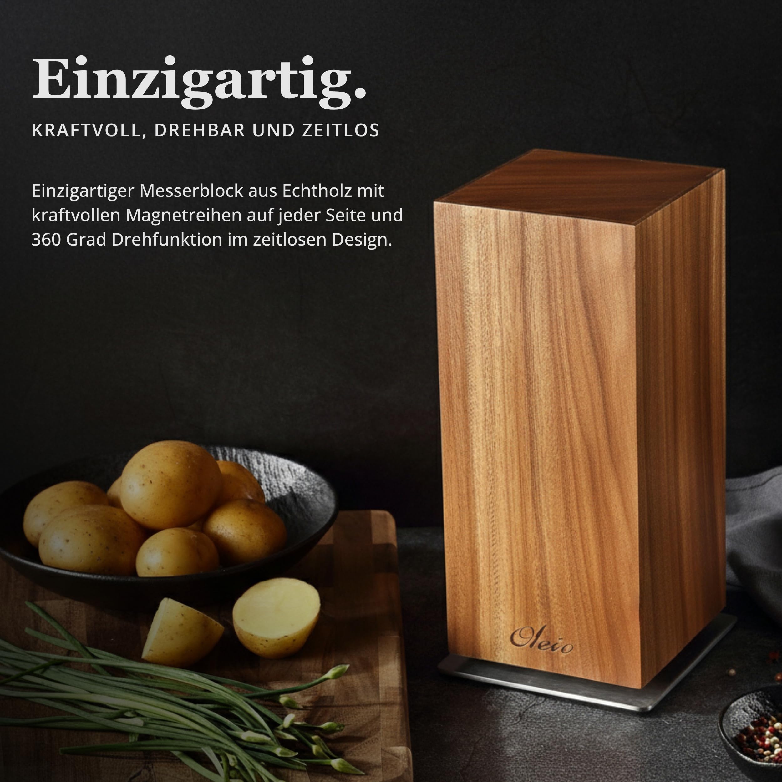 OLEIO Maestro Messerblock magnetisch 360° drehbar Messerhalter aus massivem Akazienholz mit Edelstahlbasis und Kugellager, 3 Magnetreihen pro Seite, unbestückt für bis zu 8 Messer bis 26 cm Klingen