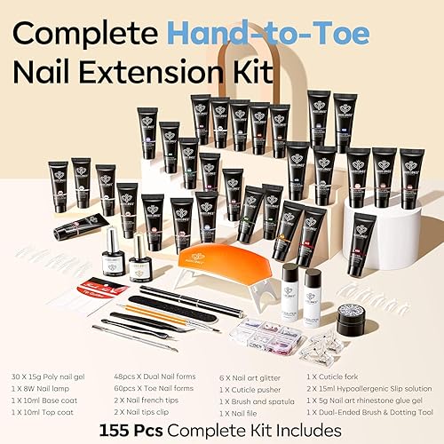 Vista 14 de Modelones Kit de uñas de gel de extensión de polietileno, 133 piezas, 32 colores para todas las estaciones, kit de poligel con lámpara de uñas, 0A