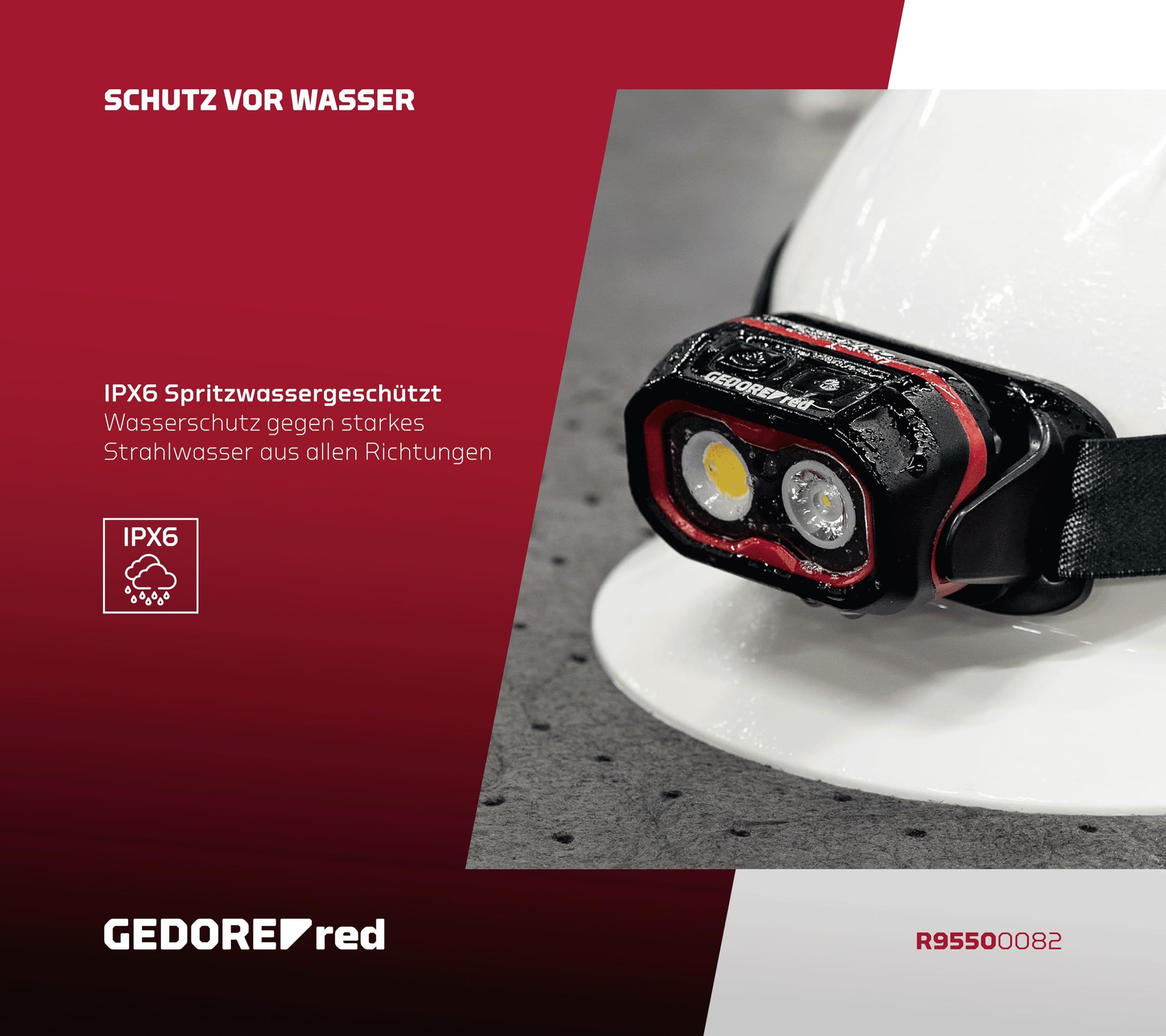 GEDORE Czerwona lampa czołowa LED, do ponownego ładowania z akumulatorem litowo-jonowym, 800 lumenów, regulacja ostrości i bezstopniowe ściemnianie, zasięg świecenia do 69 m, z czerwonym światłem