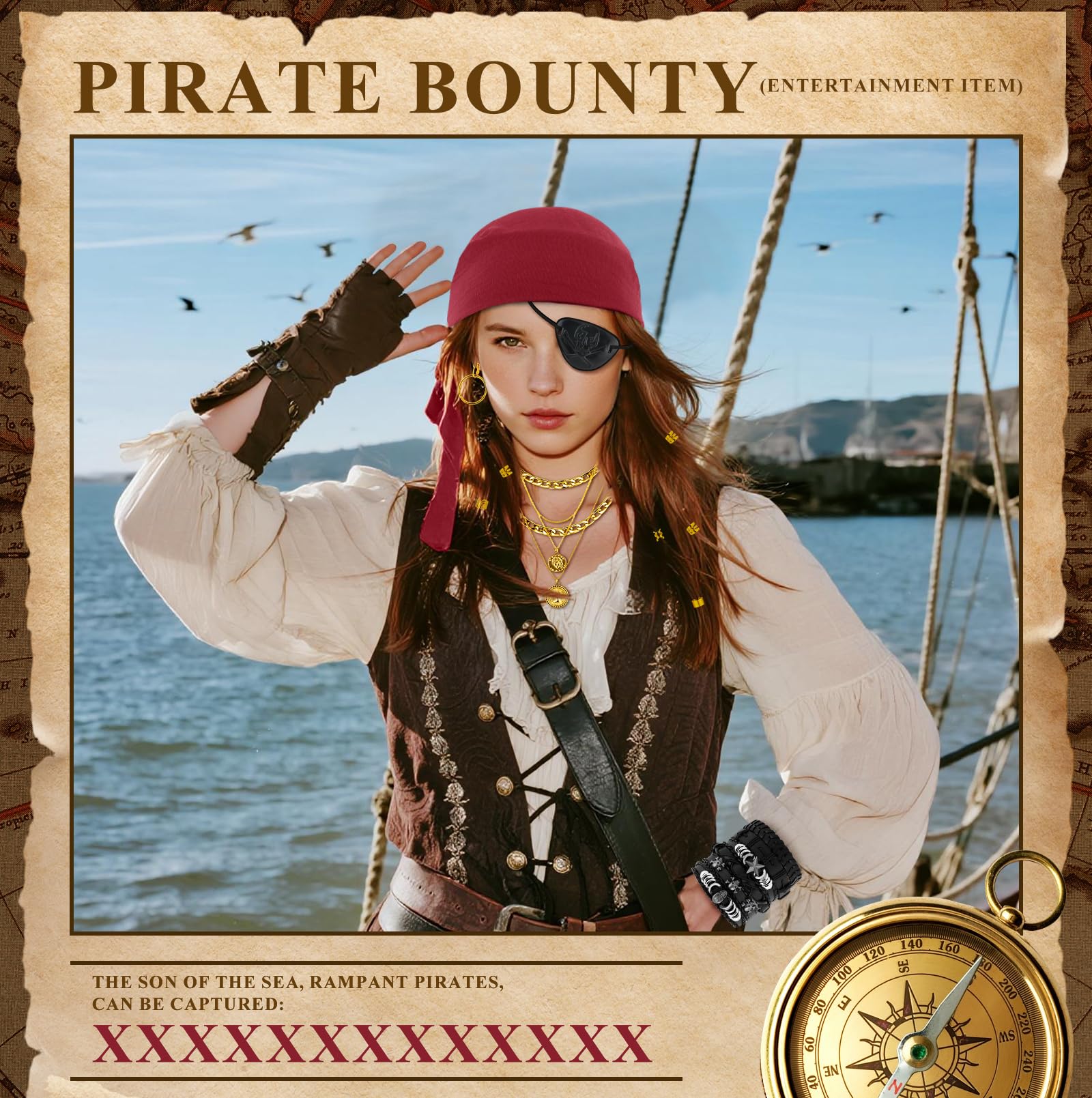BAIEGOED 51 Pieces Pirate Costume Accessories Set for Adults Women Man Includes Headscarf, Eye Patch, Earrings, Necklace - Image 4