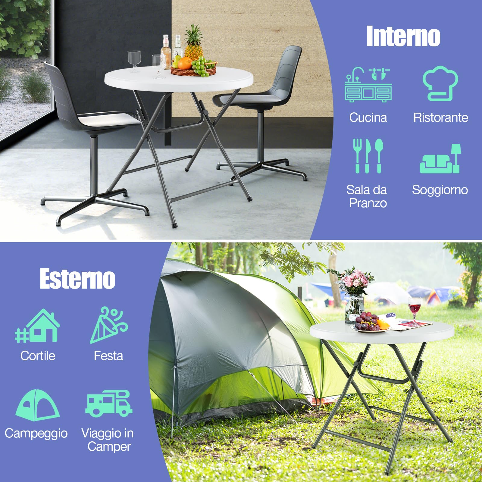 RELAX4LIFE Tavolo Rotondo 81CM, Tavolo Pieghevole in Plastica con Piano in HDPE, Gambe Metalliche Robuste e Pattini Antiscivolo, Tavolino Basso per Esterni e Interni per Picnic, Matrimonio, Campeggio