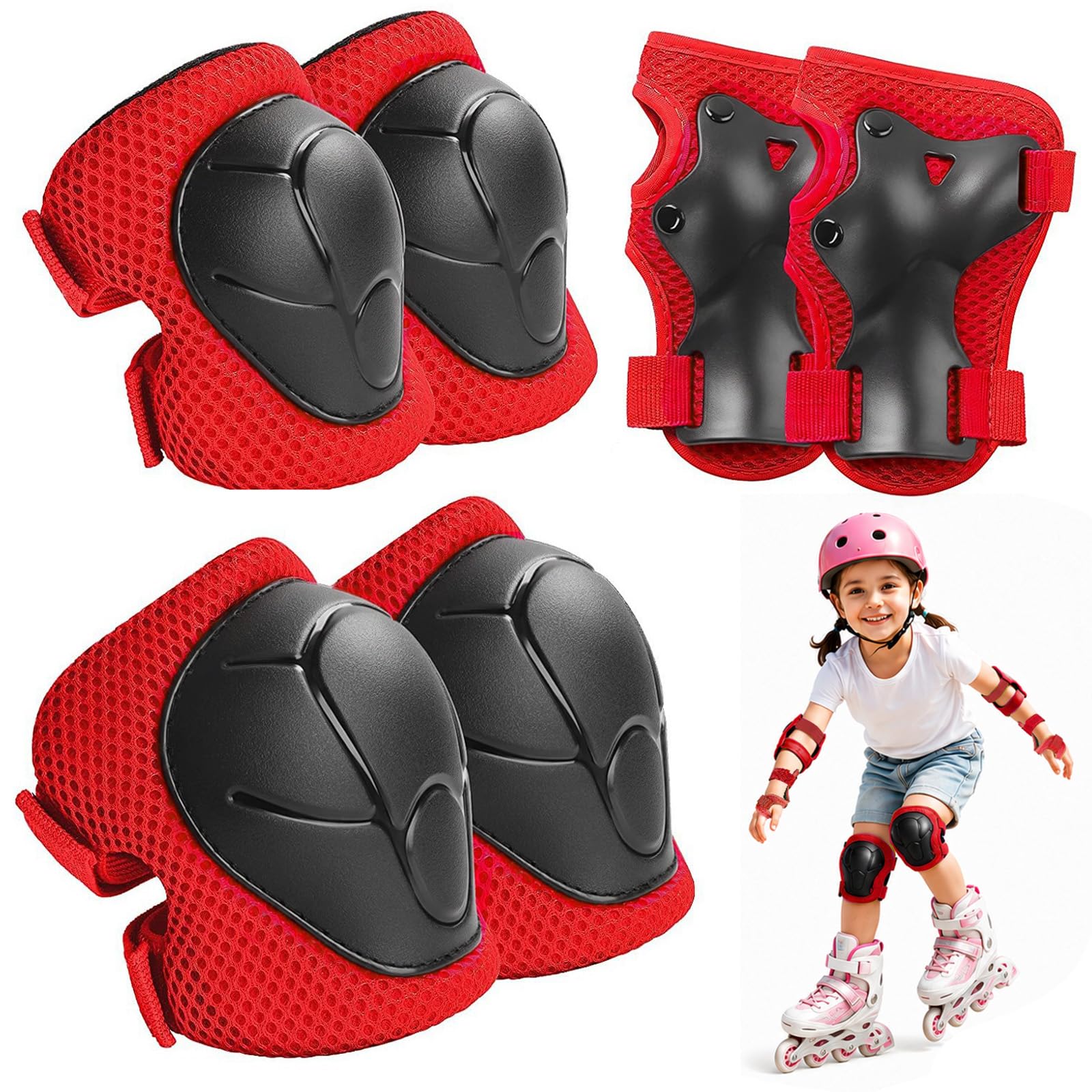 Rodilleras y coderas para niños juego de protección de 6 piezas color rojo 8