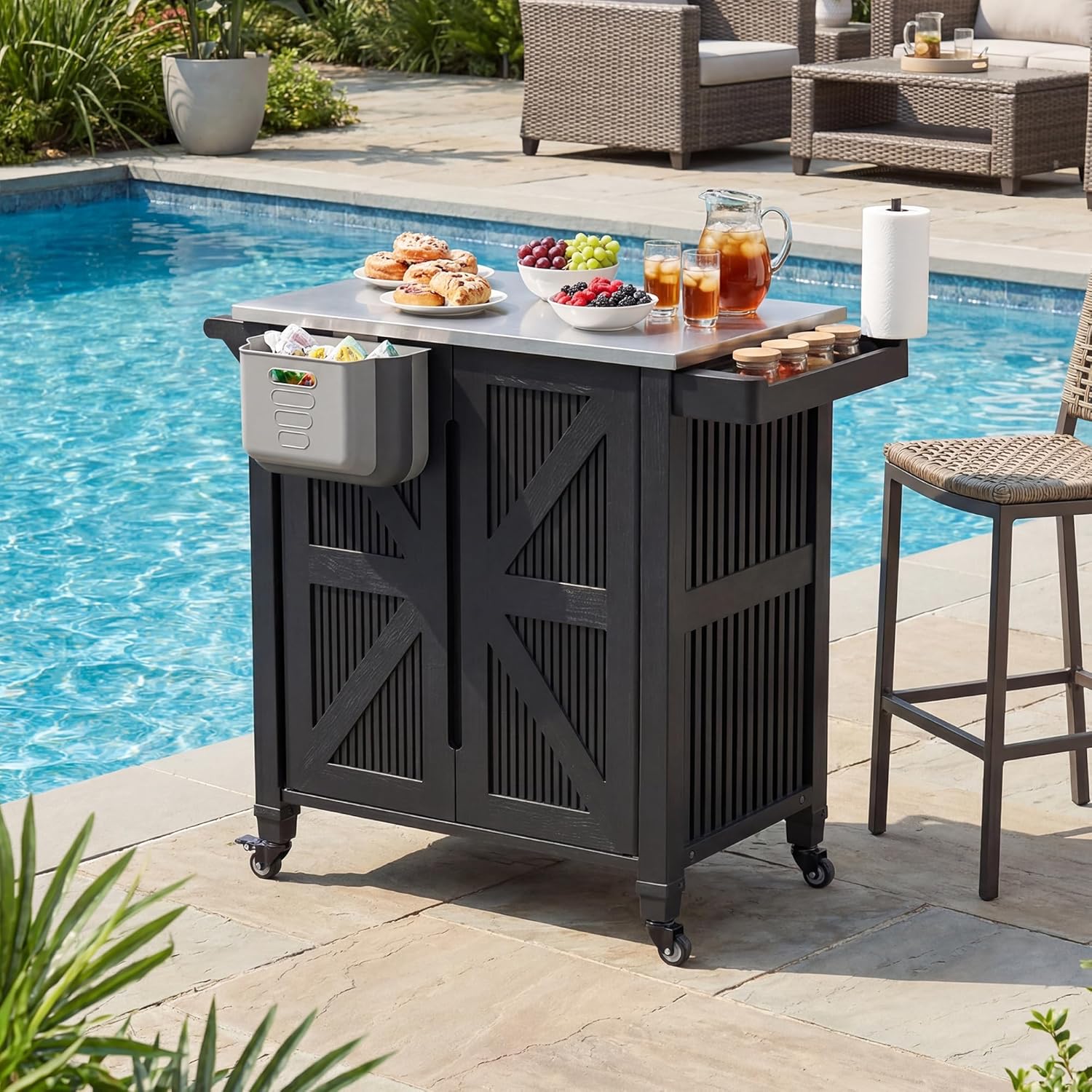 Outdoor Grill Cart with Stainless Steel Top, Outdoor Kitchen Island BBQ Prep Table, 2-Tier Storage Cabinet, Rolling Utility Station with Hanging Trash Bin, Wheels, Side Shelf for Patio, Yard, Picnic