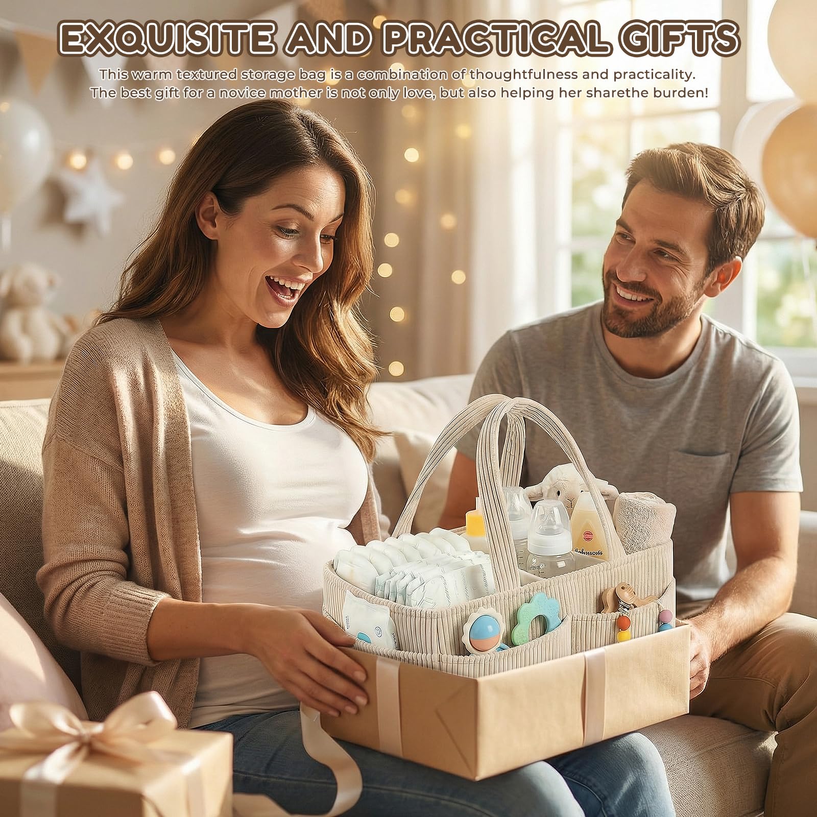 Rangement Couches Bebe, Panier Rangement Bébé Table a Langer, Organisateur de Couche Bebe, Panier a Langer Portable avec Compartiments Amovible et Poignées, Cadeau pour Nouveau-né