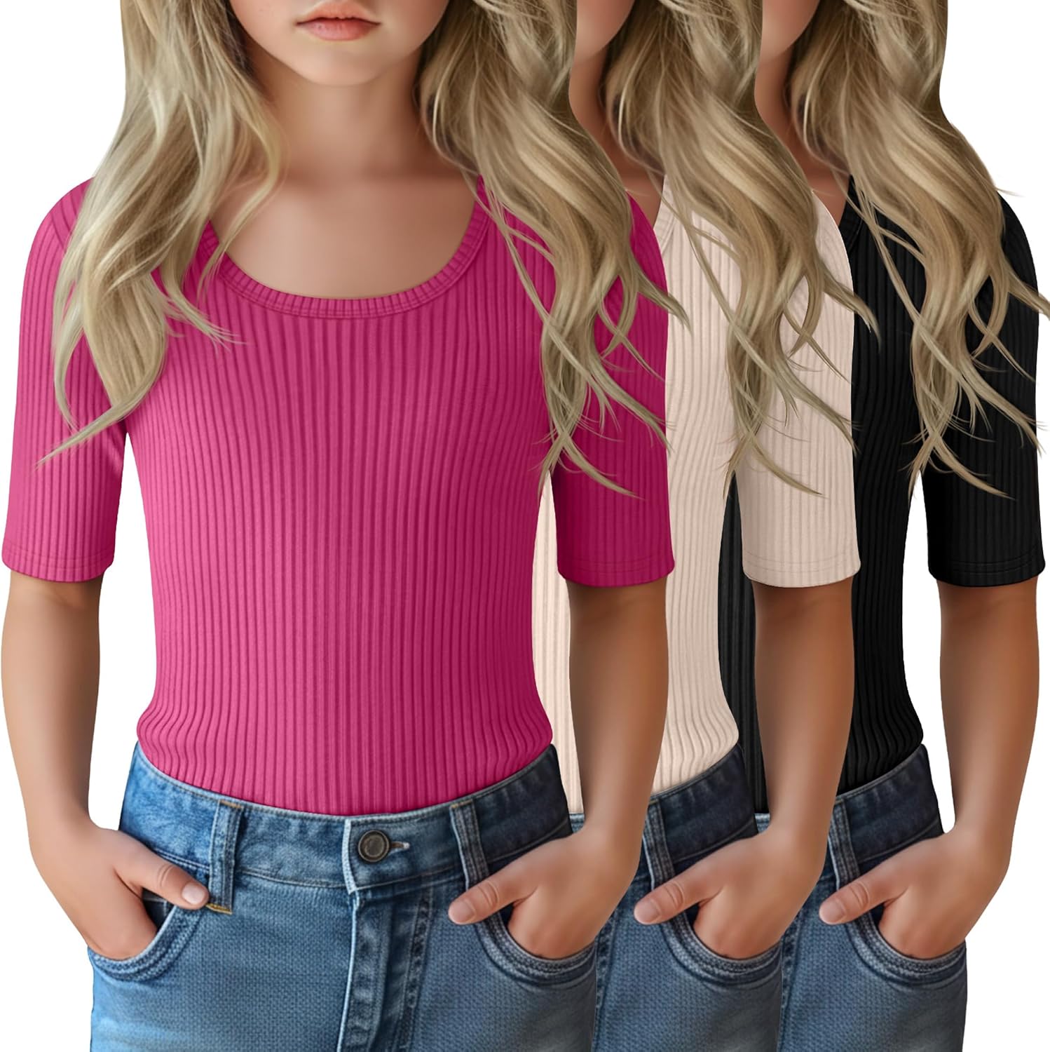 3 Pack Girls Half Sleeve Tops Ribbed Knit Short Sleeve U Neck Shirts 5-14 Years Kid...