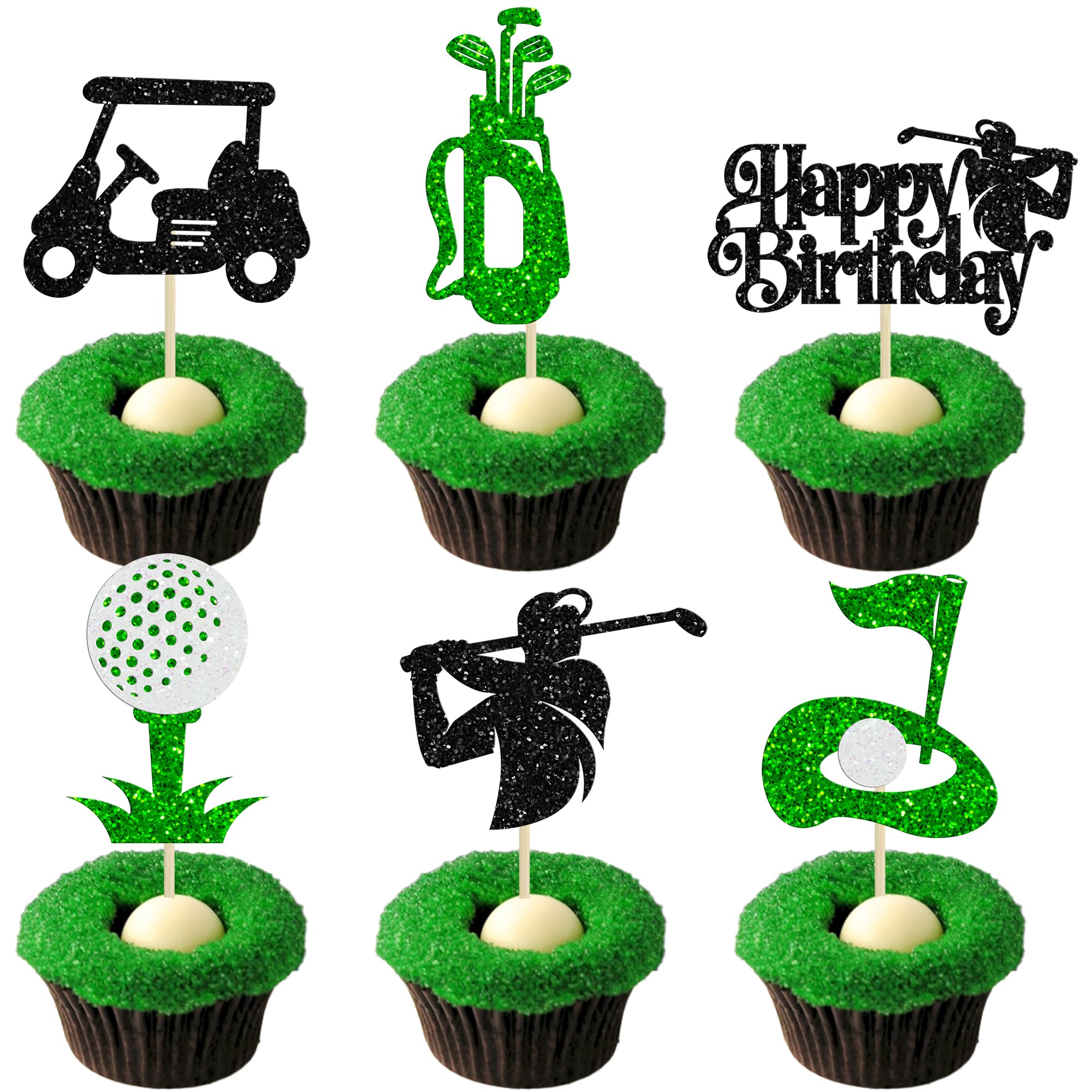 Ephlyn 24Pcs Golf Cupcake Toppers Glitter Trophy Lawn Golf Shoes Bag Ball Carts Cupcake Picks for Golf Sports Player Theme Baby Shower Birthday Party Cake Decorations Supplies