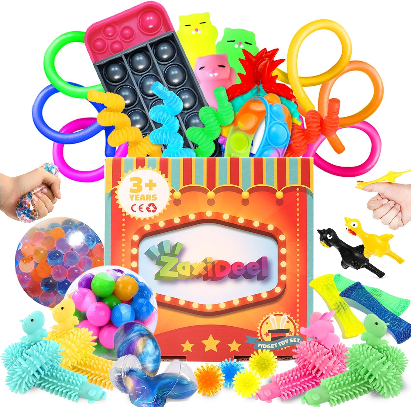 ZaxiDeel Sensory Fidget Toys Set, Fidget Pack For Anxiety Relief 35 Pcs, Stress Sensory Toys for Autism, Fidget Box with Finger Puppets Stress Ball Birthday Party Favors for Kids and Adults