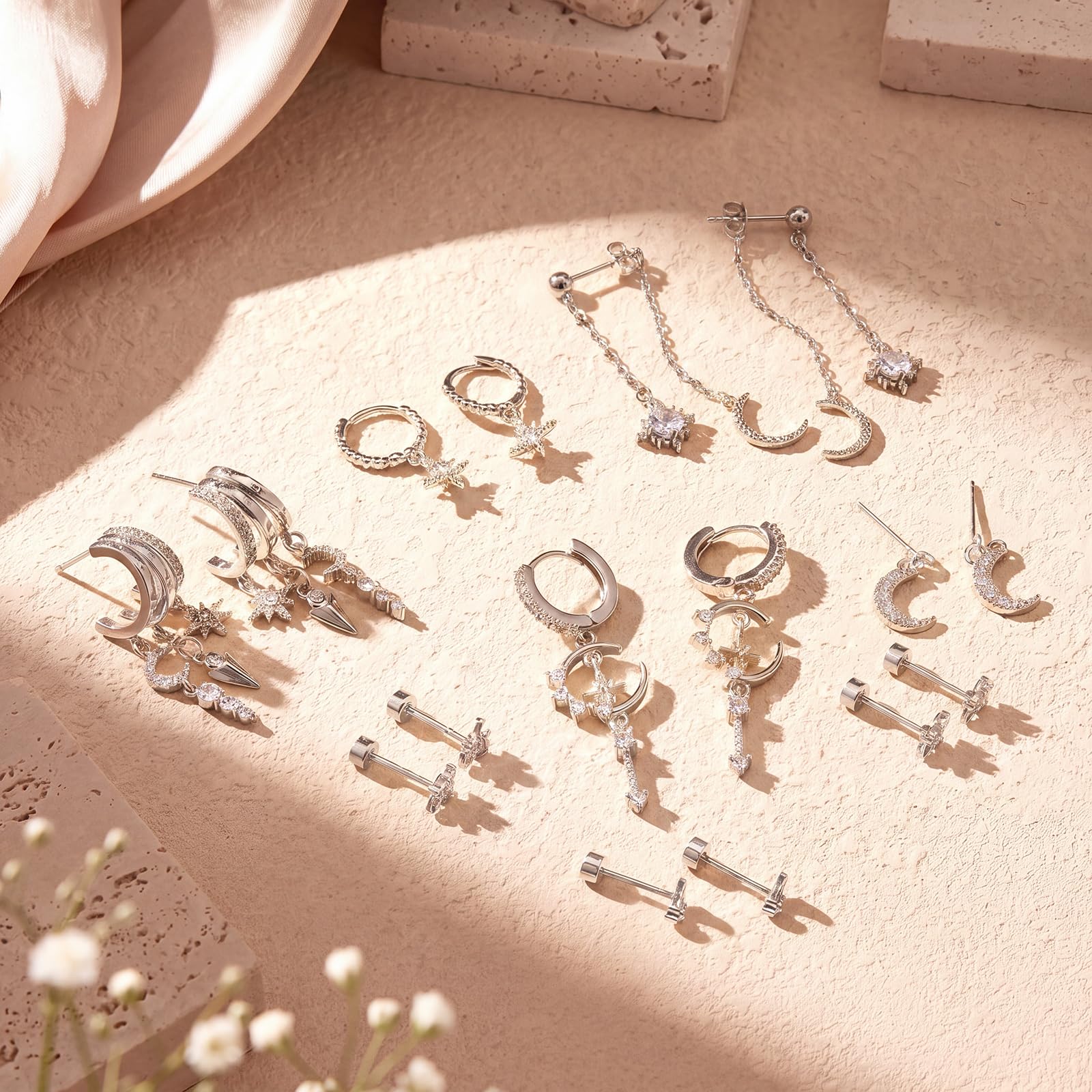 Quelay 8 pares de aretes de aro colgantes de plata punk Y2k estrella luna