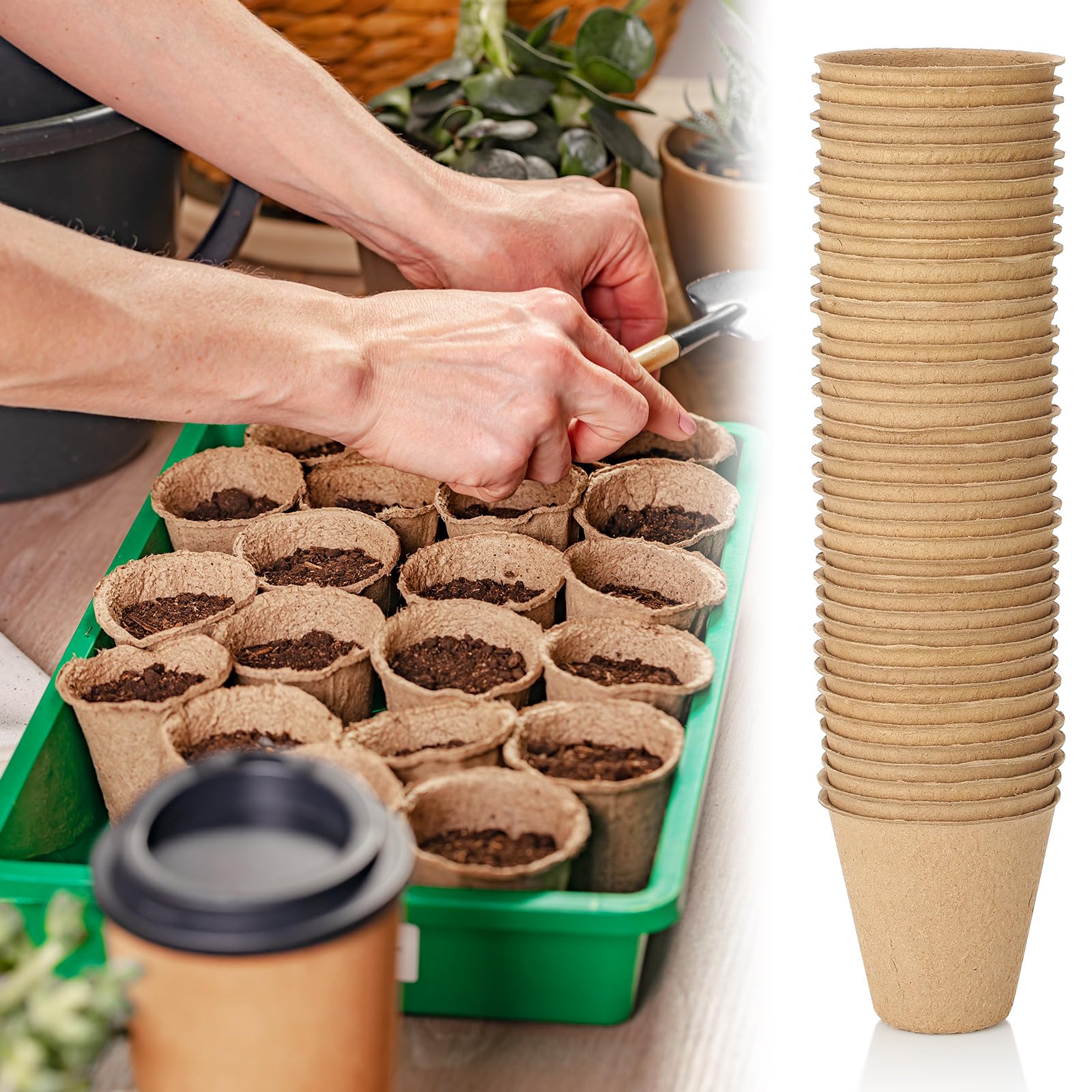 FillTouch Torftöpfe, rund, biologisch abbaubar, Pflanzentöpfe mit 120 Etiketten für Gartenkeimung, klassischer Stil, 8,9 cm, 600 Stück