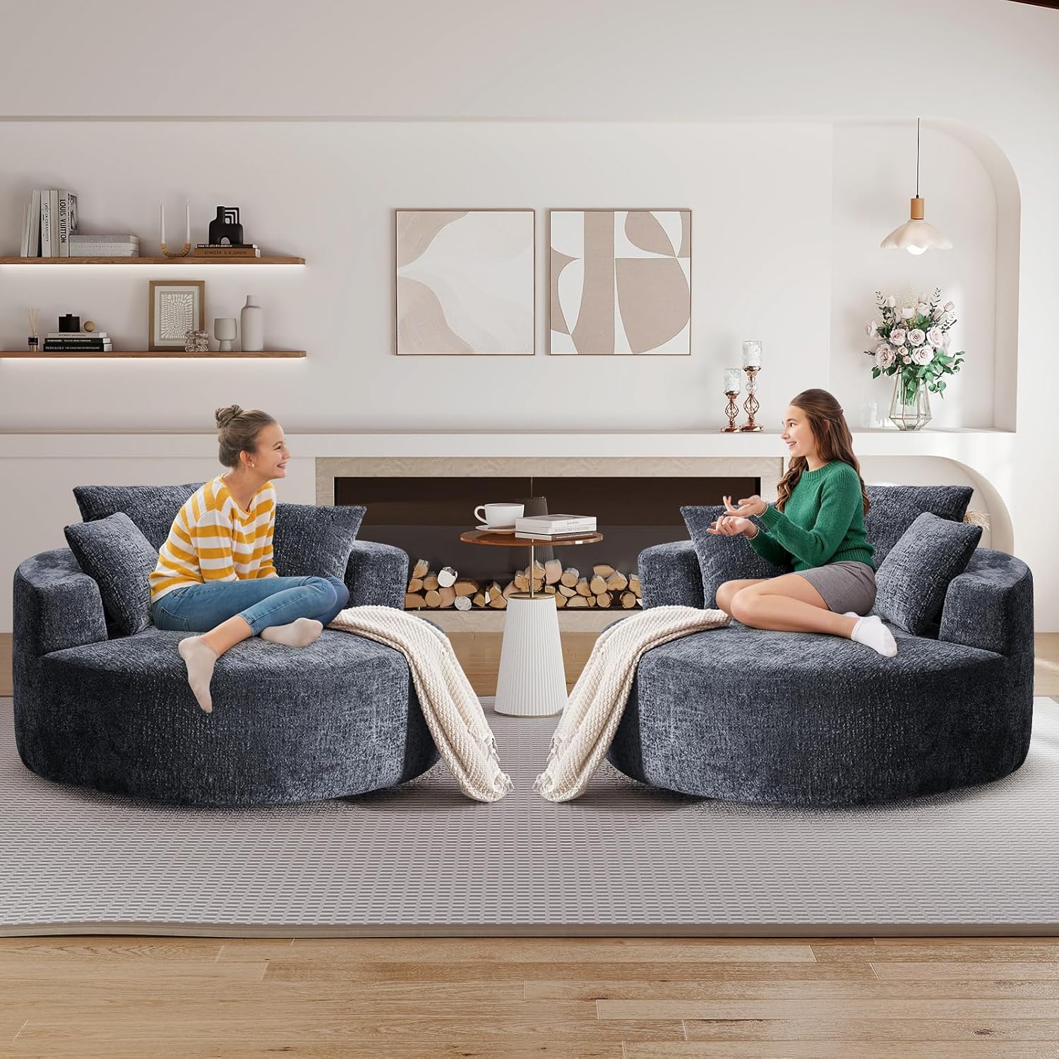 360° Oversized Swivel Chair, Modern Circle Round Lounge Chair with Deep Seat, Comfy Back Cushion & 2 Throw Pillows, Barrel Accent Chairs for Living Room Bedroom Office, Grey Chenille