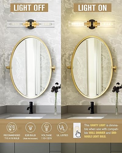 Miniatura 2 de Emak Luces de tocador negras y doradas para espejo, modernas lámparas de baño de 22 pulgadas con pantalla de vidrio transparente, aplique de pared