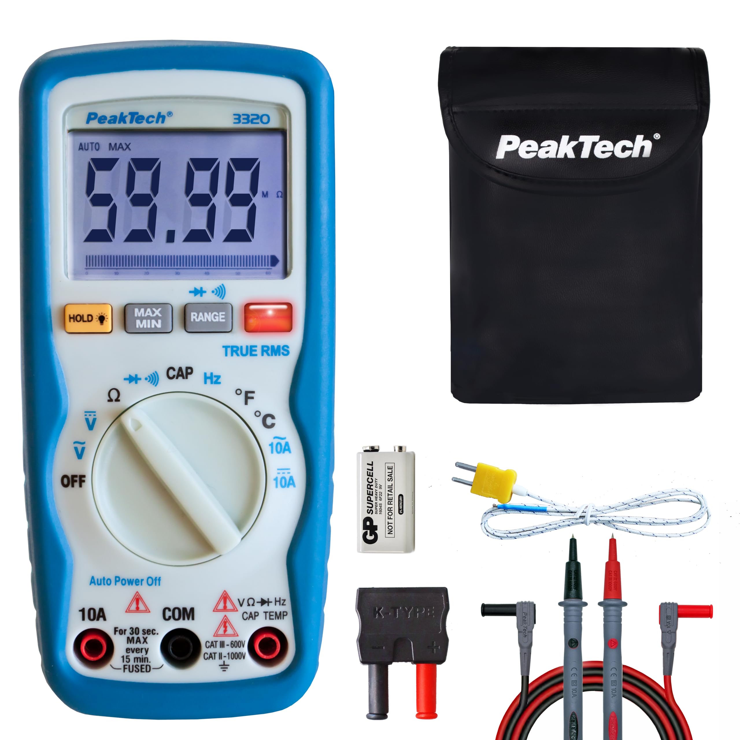 PeakTech P 3320 Digitales Multimeter mit TrueRMS, 10 A AC/DC, 6.000 Zähler, tragbares Multimeter, Voltmeter, Autorange, Durchgangsprüfer, Stromversorgung, Datenspeicher, LCD-Display - CAT III 600 V
