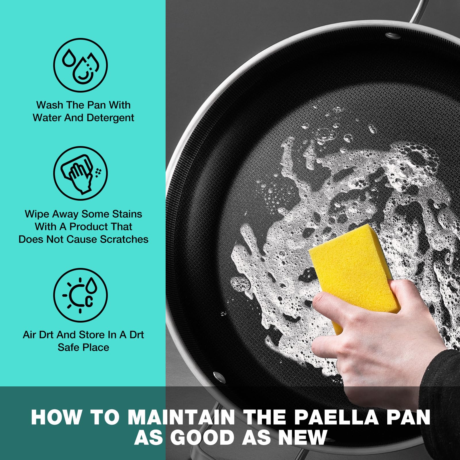 Paella Pfanne 36 cm 12 Pers – Antihaft | 316°C Hitzebest | PFOA-frei | Induktion | Gleichwärmeverteilung | Spülmasch & Alle Herde | Ideal für Feste/Familie