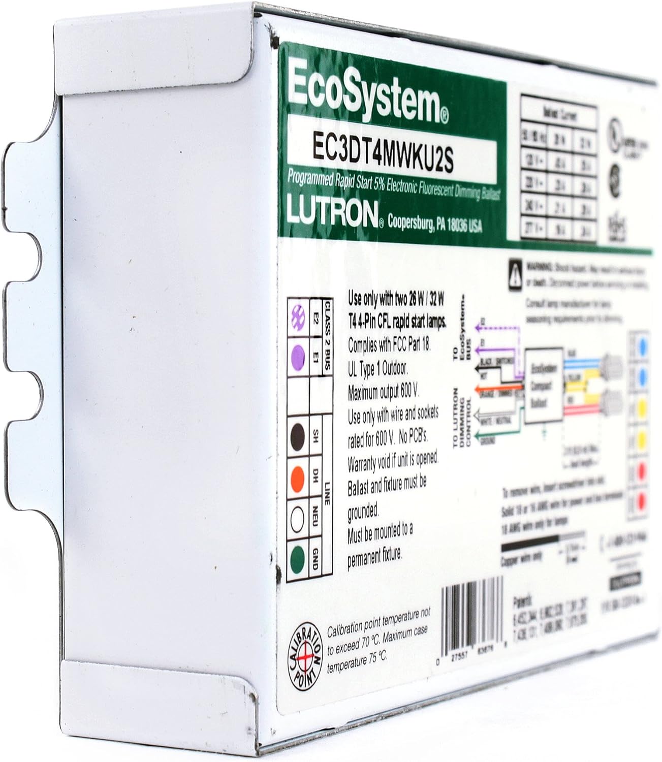 Lutron EC3DT4MWKU2S Ecosystem 2 Lamp Fluorescent 26W CFL Dimming Ballast, 120V