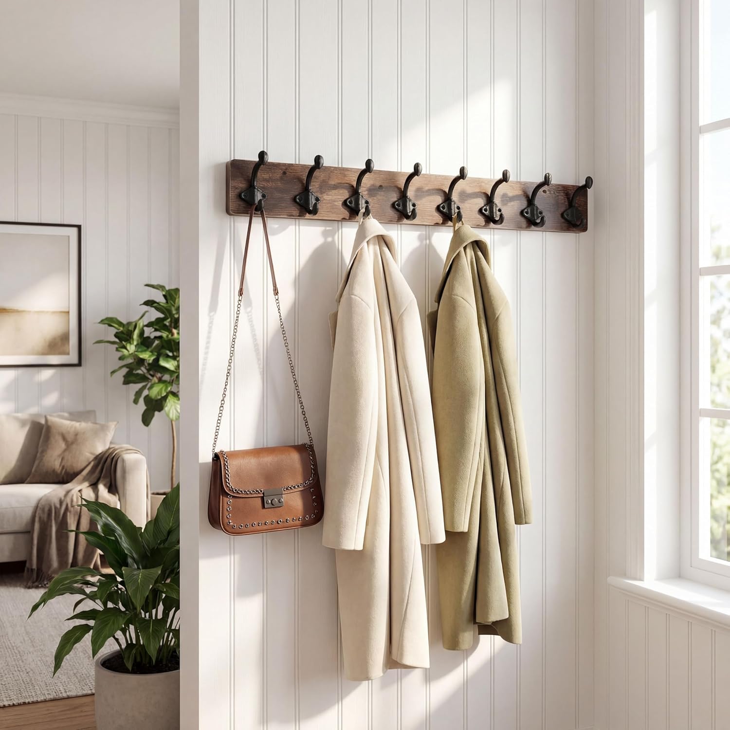 WEBI Rustic Coat Rack Wall Mount,35.43" Long 8 Cast Iron Coat Hooks Wall Mounted,Heavy Duty Farmhouse Wood Coat Hanger Wall Antique Vintage Hooks for Hanging Jacket,Clothes,Backpack,Rustic Brown