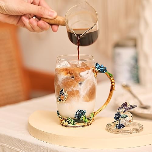 Miniatura 6 de Taza de té de cristal esmaltada con diseño de rosa y mariposa, tazas de café de cristal, para mujeres, Navidad, cumpleaños, San Valentín, día de la