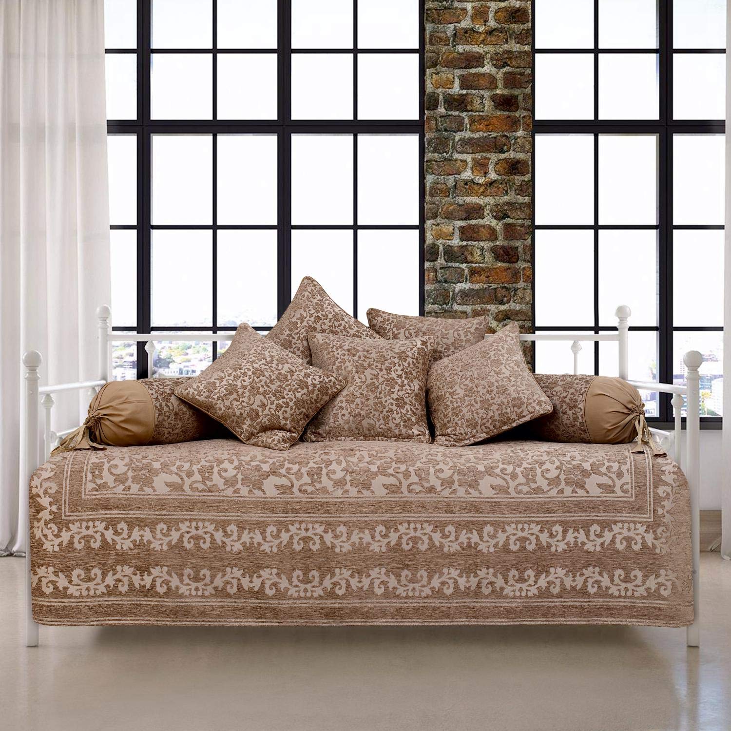 Victor Coral Fabric Soft Finish Splash Woven Jacquard Diwan Set - 8 Pcs (Bed Cover - 60"x90", 2 Bolsters - 16" x 32" & 5 Cushion Covers - 16" x 16") Mouse-image-15