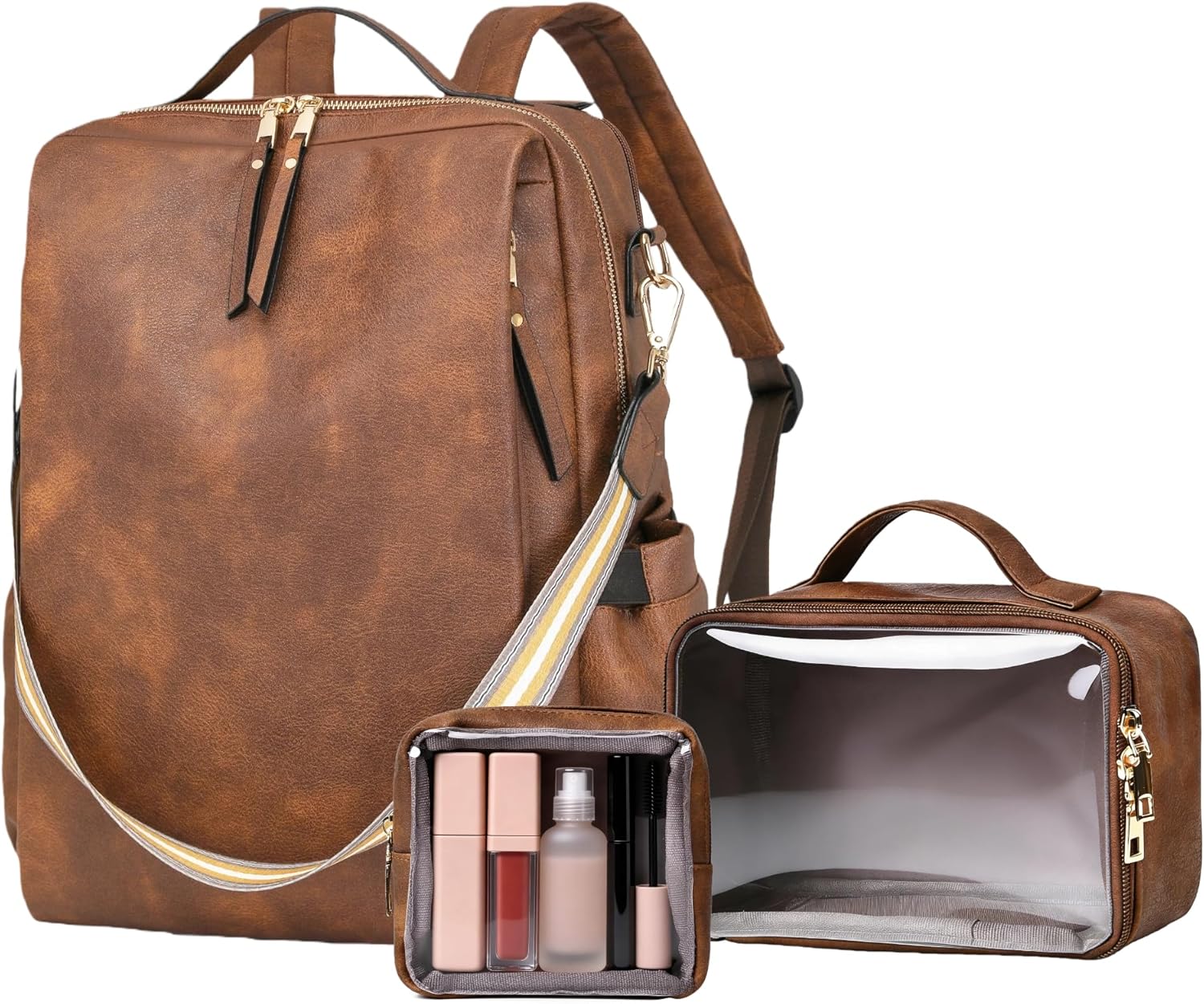 Dora & Liz Laptop Backpack for Women, Leather Travel Backpack with 15.6 Inch Laptop Compartment, College Work Computer Bag (Caramel-3P)