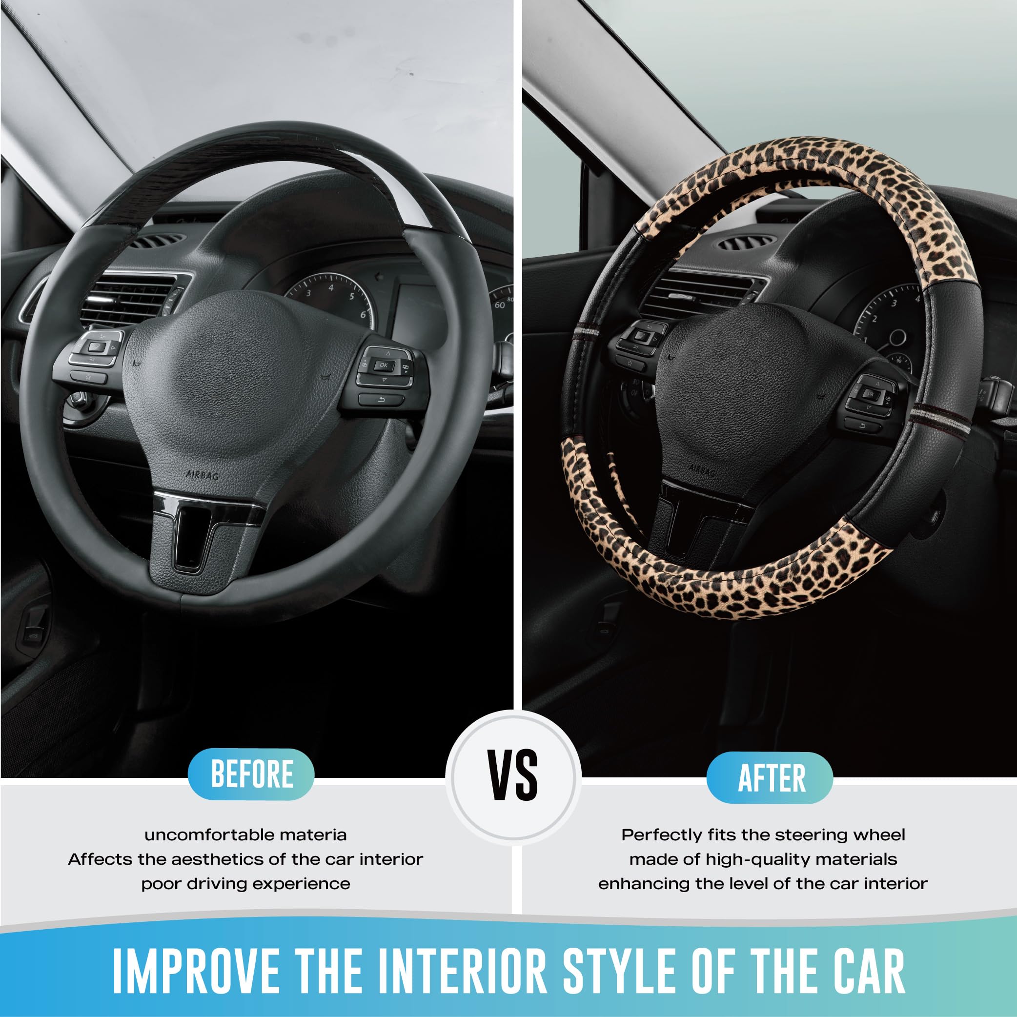 Road Comforts Leopard Steering Wheel Cover - Made with PVC Leather Cheetah Print - Anti-Slip Universal Fit 14 — view 3