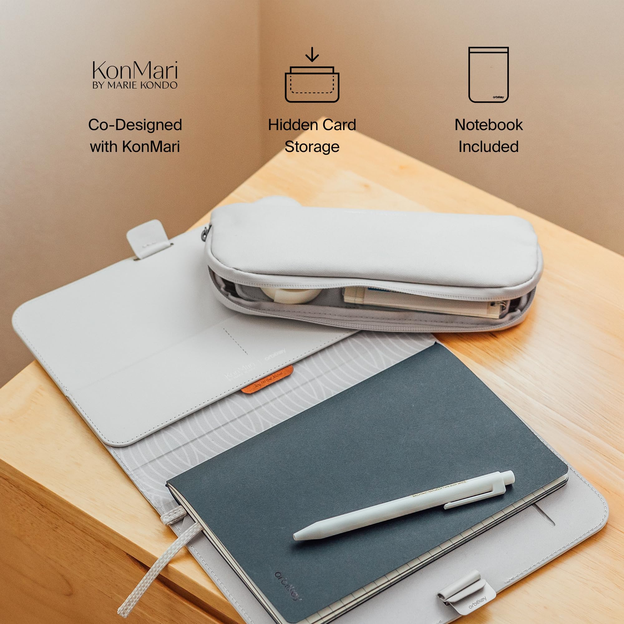 orbitkey KonMari Notebook Cover - Leather-Free Compendium with Pen Loop, Card Slots & Document Storage, Stone - Image 3