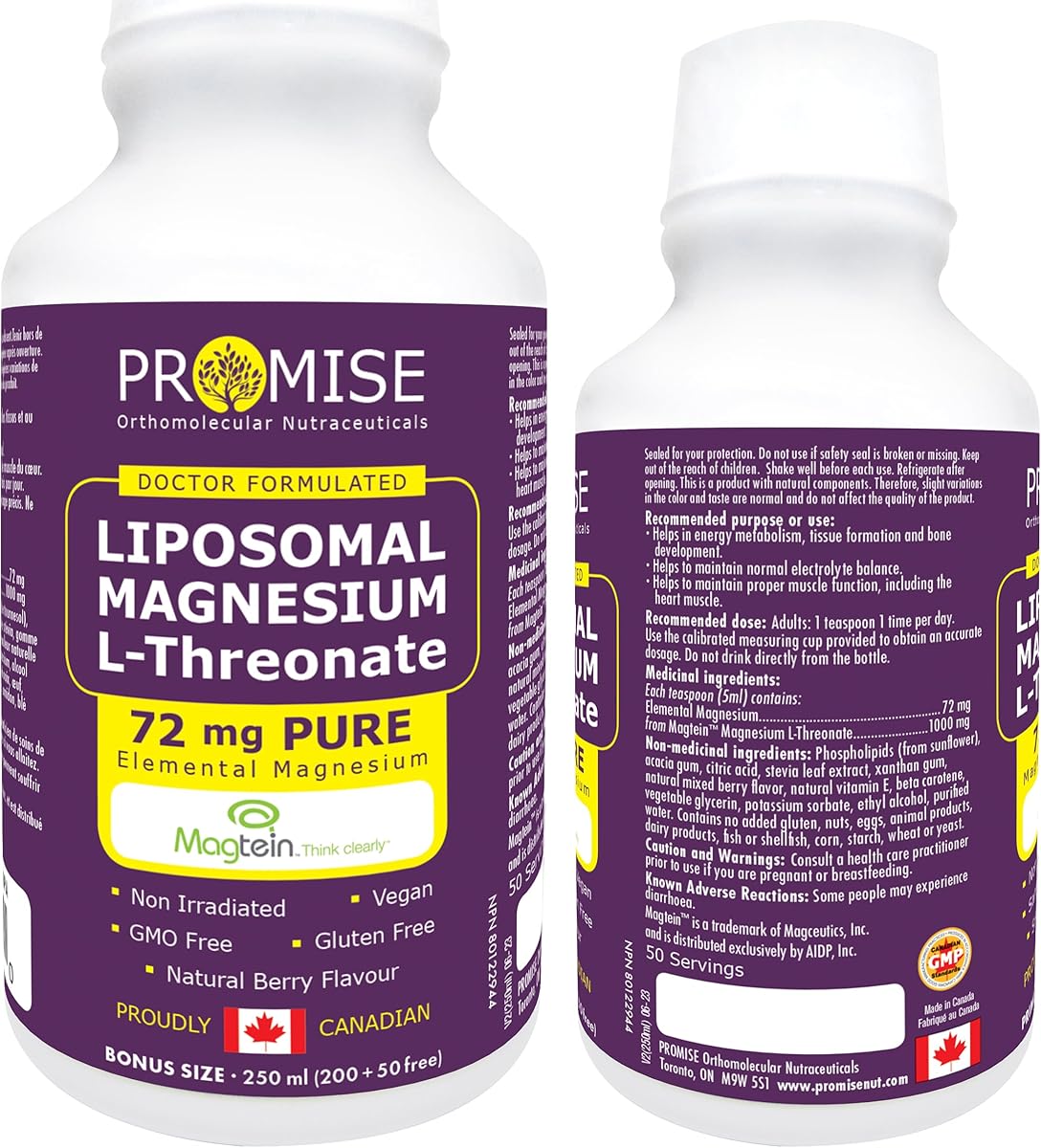 Promise Orthomolecular Nutraceuticals 🇨🇦 250ml (8.5oz) L-Threonate Liposomal Magnesium Liquid Supplement with Magtein - 72 mg of Elemental Magnesium per Serving - Berry Flavor, Made in Canada