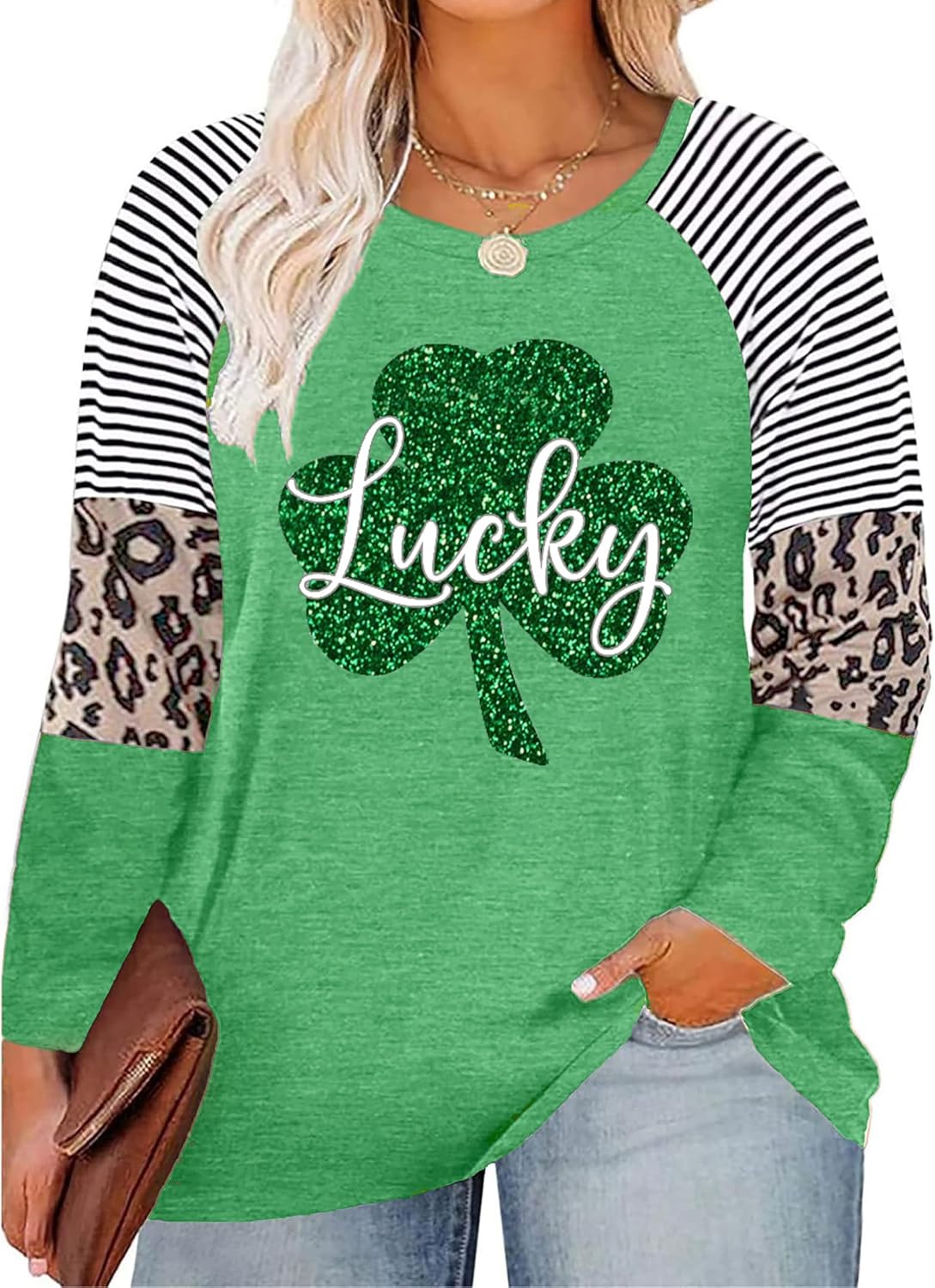 Women Plus Size St. Patrick's Day Shirt Lucky Shamrock Tees Green Heart Tshirt Irish Clover Tops