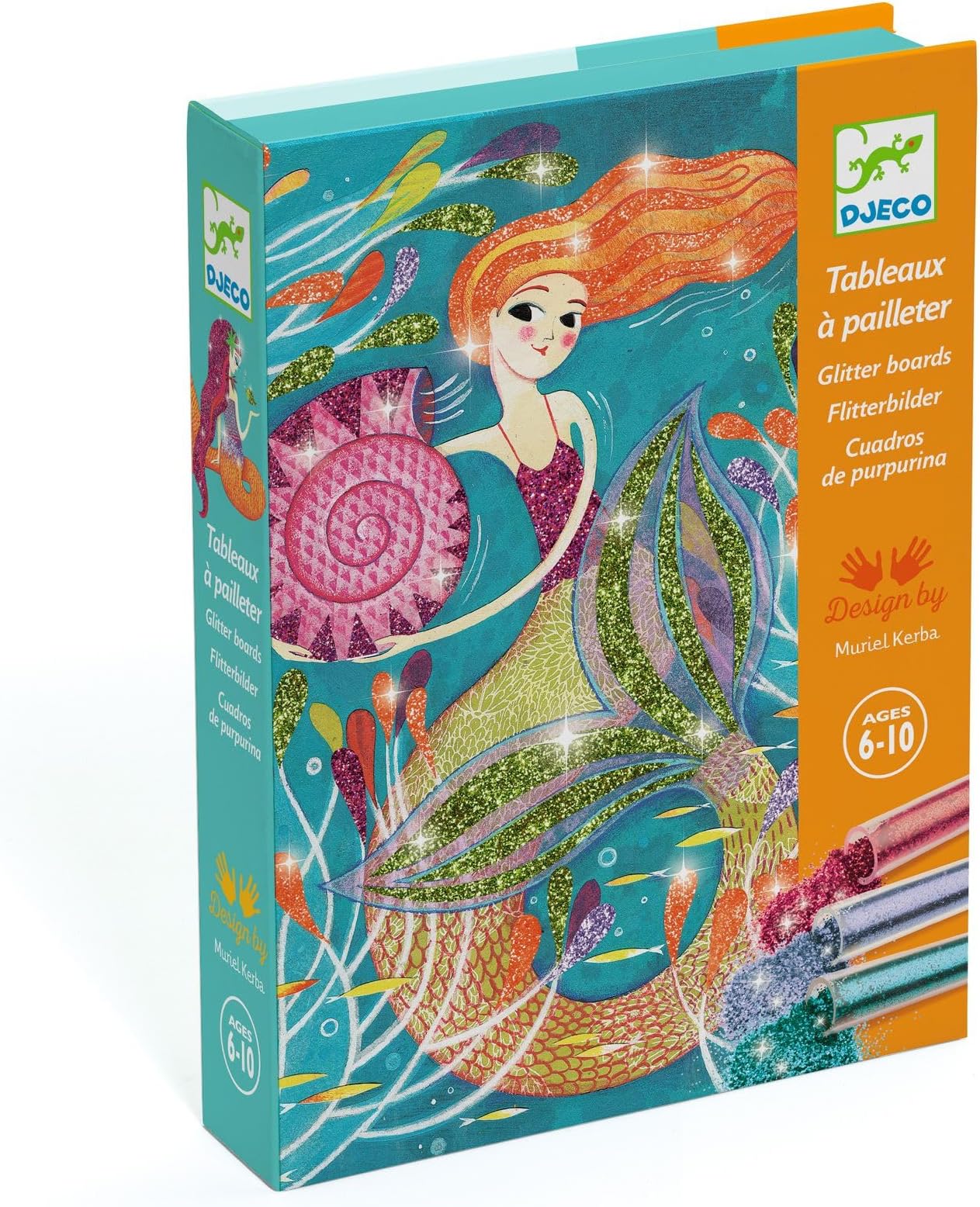 Djeco Glitter Board Mermaid Lights Art Kit for Kids Ages 6+ Includes 4 Sparkling Mermaid Pictures Glitter Tubes Tool Brush Step-by-Step Instructions Creative No-Mess Craft Activity