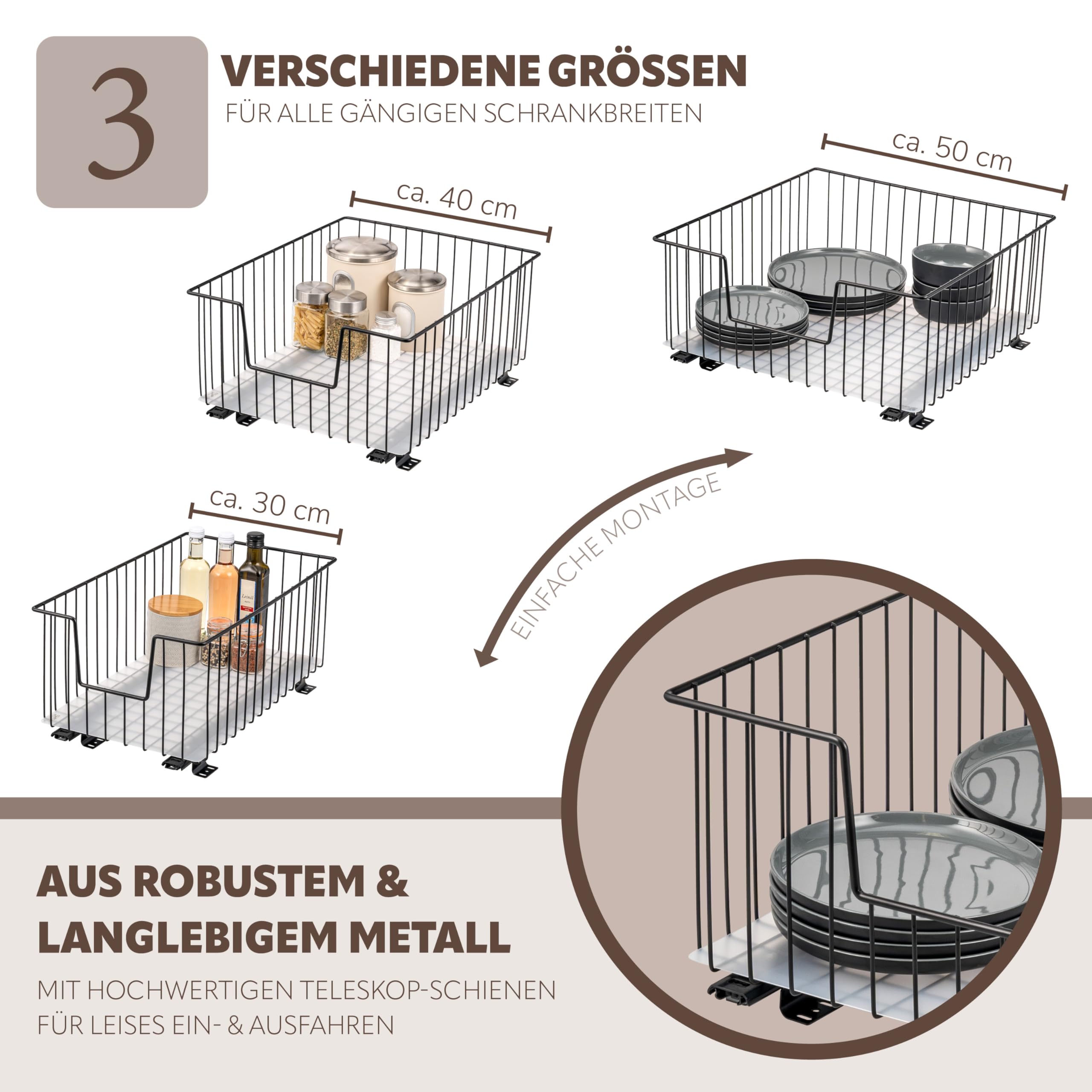 bremermann Schrank-Korbauszug 30 cm Breite mit Einlegeboden, Küchenschublade zum Nachrüsten, Vollauszug mit Teleskop-Schienen, ideal für Küche, Bad & Schlafzimmer, aus Metall (Schwarz)