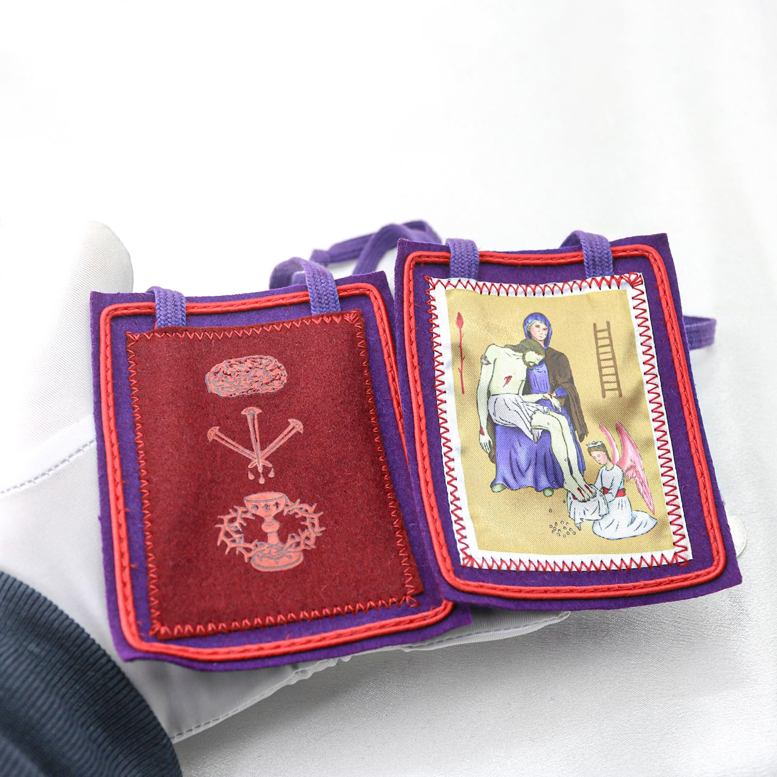 MERCILIA MEISHILAI 9 x 11 cm duża fioletowa szkaplerz - Escapulario Morado de Bendición y Protección wełniana szkaplerz na czasy końcowe - zawiera fioletową aksamitną torebkę i kartę modlitewną