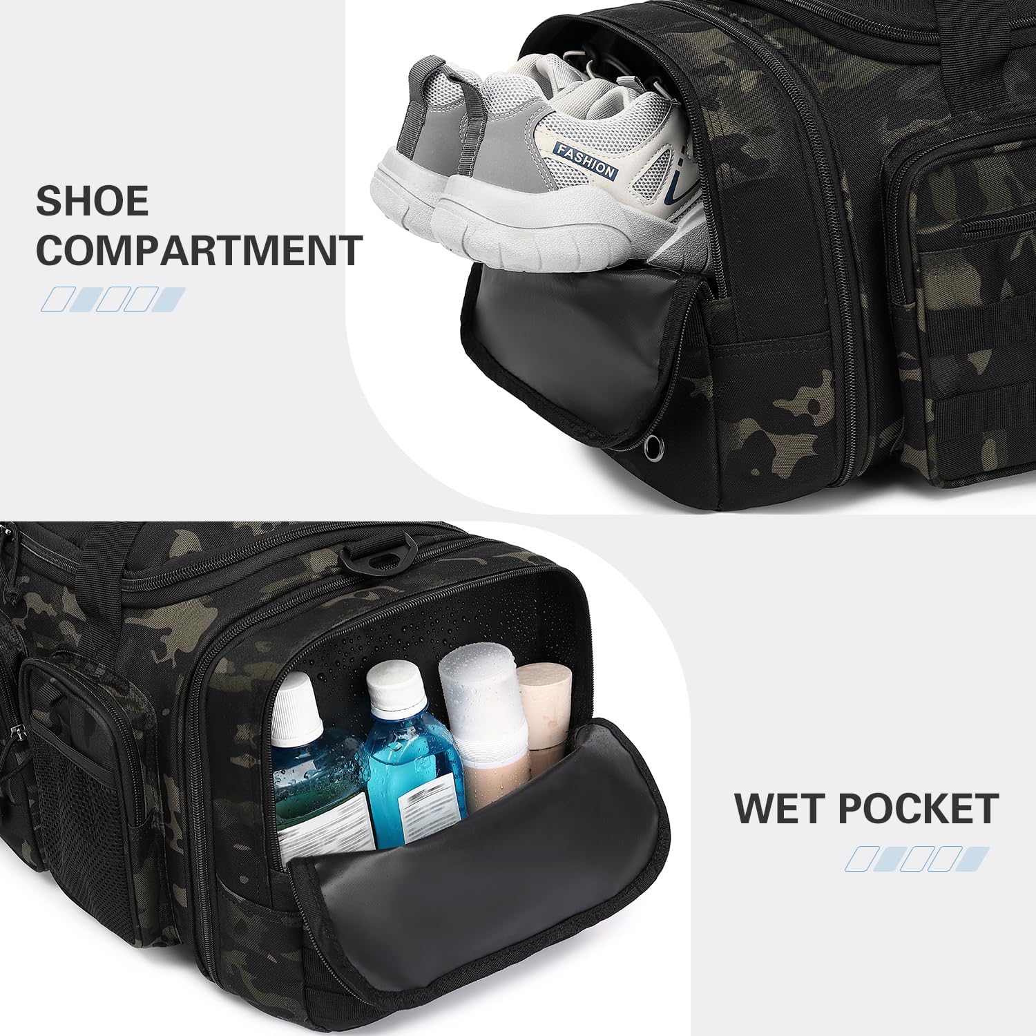 3 in 1 Tactical Travel Duffle Bag Backpack for Men Women 40-45L Expandable Gym Bag & Sport Duffel Bags for Travel with Shoe Compartment & Wet Pocket, Weekend Overnight bag for Caming, Camo - Image 6