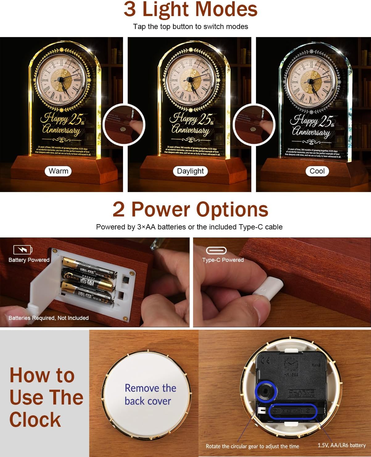 25th Wedding Anniversary Crystal Quartz Clock with Wooden Light Base,25 Years of Marriage Gift,Happy Silver Anniversary Decoration Gift,for Parents,Grandparents,Couple - Image 3