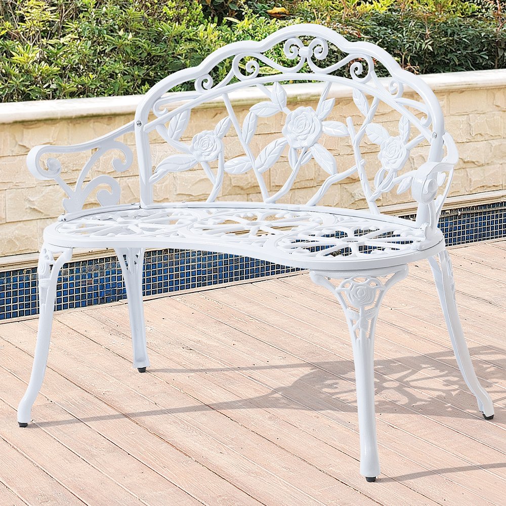 casa.pro Gartenbank Monfalcone Outdoor Sitzbank wetterfest 99 x 54 x 78 cm Metallbank Aluminiumguss mit Beinen aus Gusseisen max. 120 kg Weiß 2-Sitzer-Bank