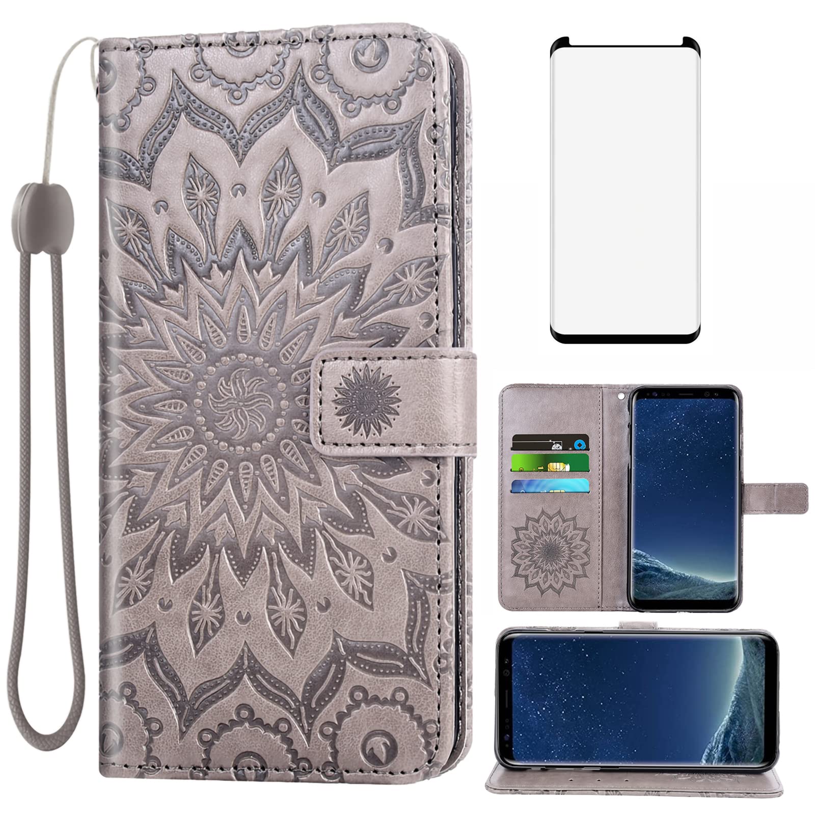 Phone Case for Samsung Galaxy S8 Wallet Cases with Tempered Glass Screen Protector Leather Sunflower Flip Cover Card Holder Stand Cell Accessories Glaxay S 8 Gaxaly 8S Edge SM-G950U Women Men Gray