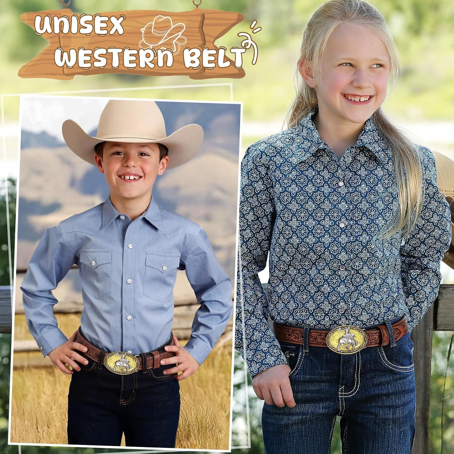 Kids Western Belt for Boys Girls Embossed Cowboy Cowgirl Genuine Leather Kid Western Buckle Belts for Jeans Gifts - Image 2