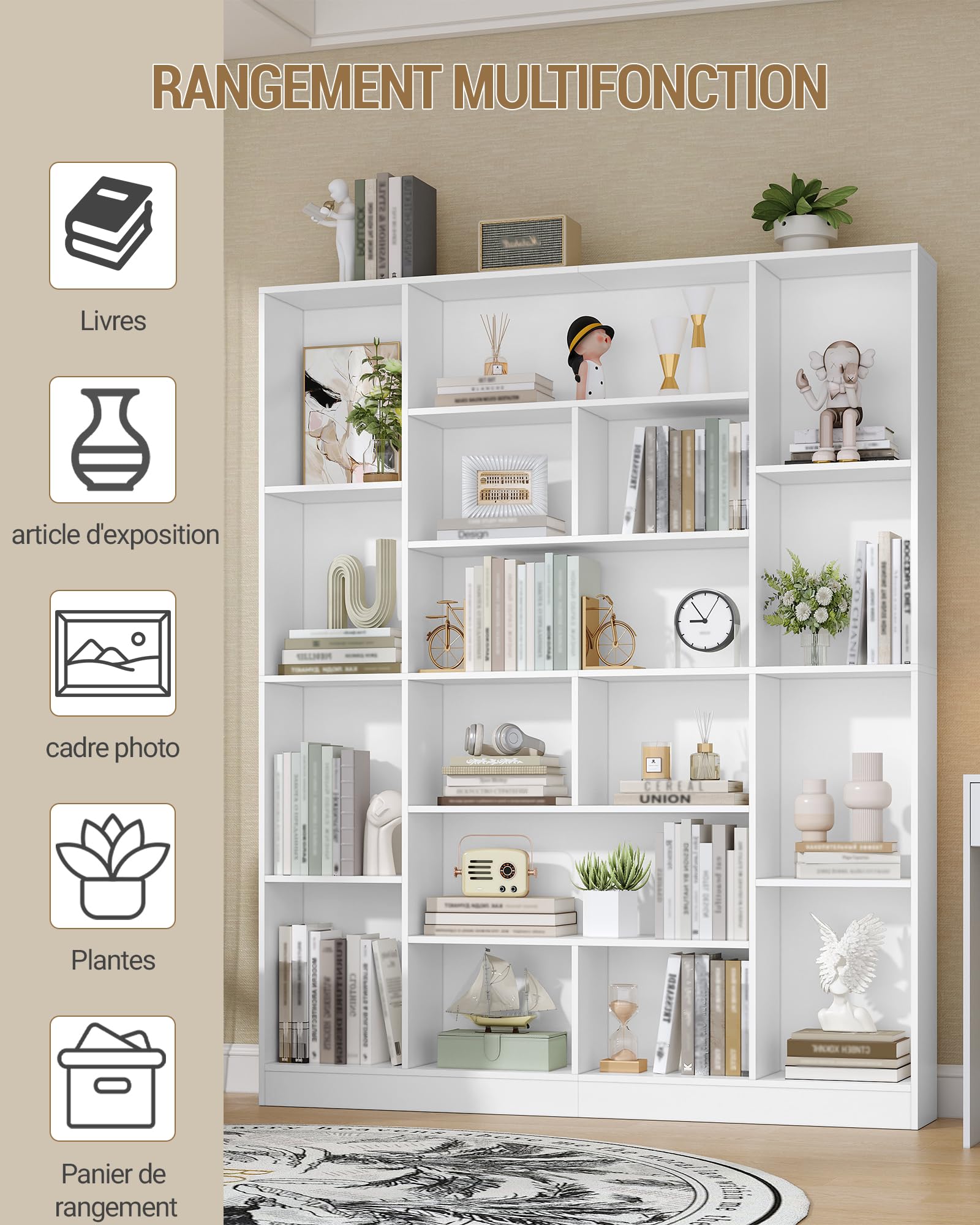 Hzuaneri Bibliothèque 190 cm avec 17 Étagères de Rangement, Meuble de Rangement Vertical, Étagère Ouverte pour Salon, Bureau, Cuisine et Chambre, 24,3 x 150 x 190,4 cm, Blanc BC46603X