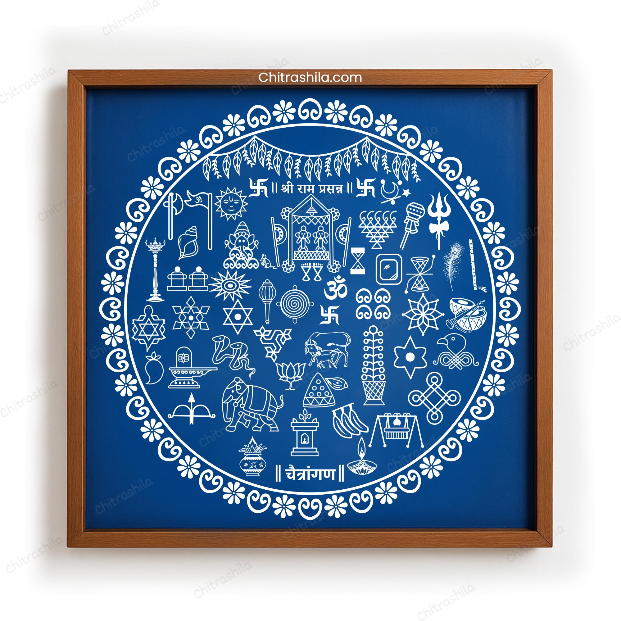 Sampurn Chaitrangan with 30+ Shubh Chinha Wooden Rangoli Stencil | Traditional Reusable Festive Rangoli with Auspicious Symbols for Diwali, Navratri, Home Entrance & Pooja Room - 12x12 Inches-image-31