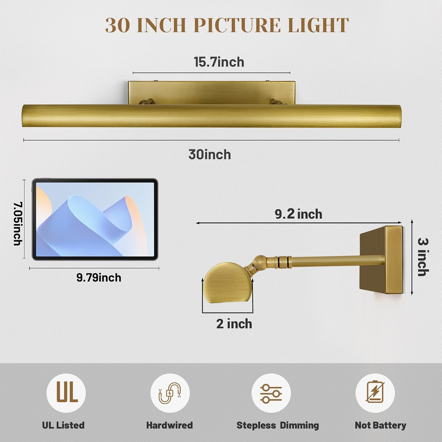 Brass Picture Lights for Wall, 30" Linear Picture Light Hardwired, 4-Light Brush Gold Art Light, Dimmable Gallery Light for Paintings, Warm White 270° Picture Frame Lights for Bathroom, Living Room