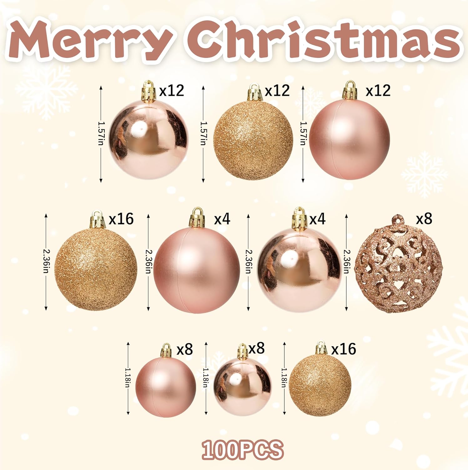 100PCS Christmas Ball Ornaments for Tree,Shatterproof Plastic Holiday Baubles Set in Assorted Sizes and Finishes, Christmas Tree Decorations for Home, Office, Party, Indoor Outdoor Use,Rose Gold - Image 2