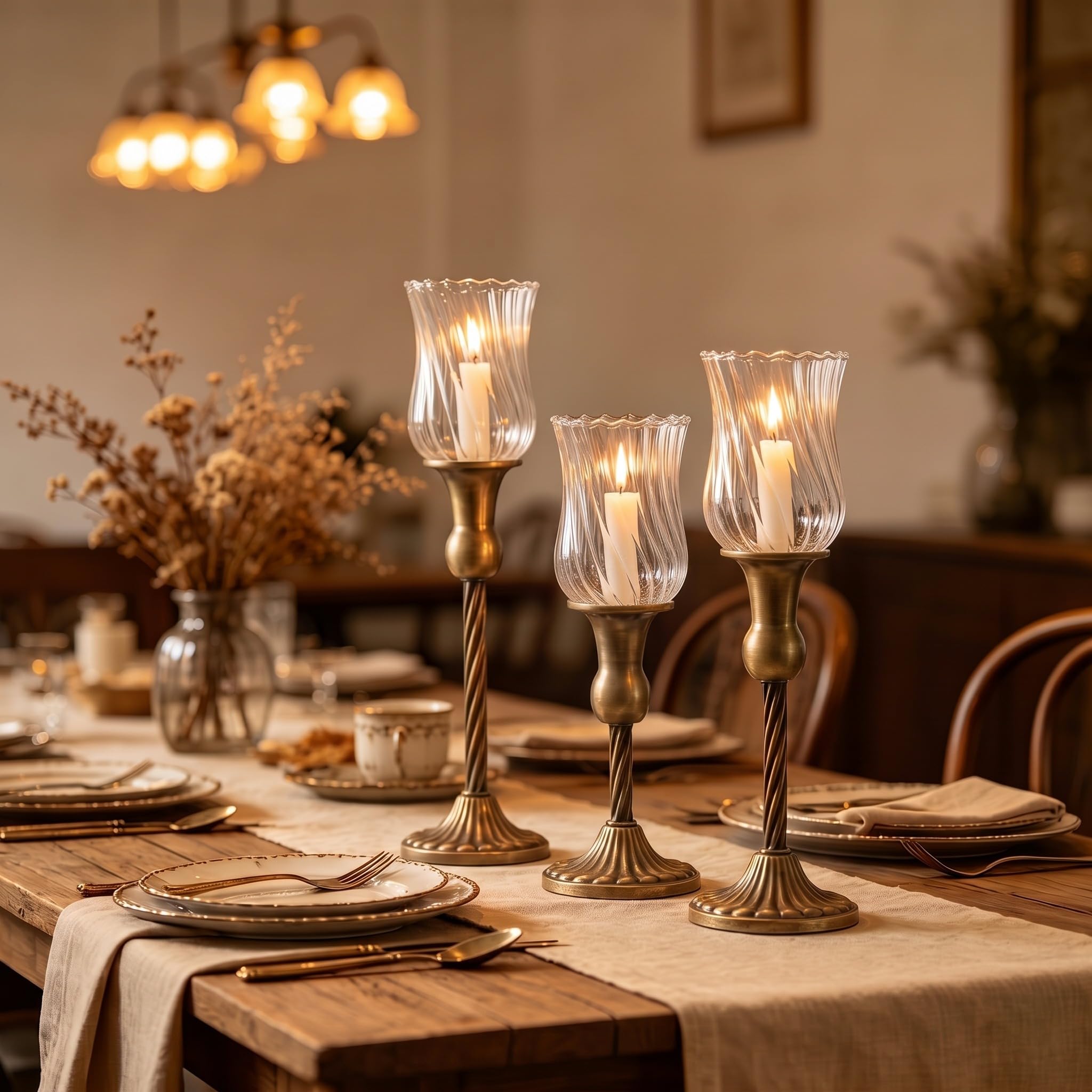 Kerzenhalter im Vintage-Stil, mit abnehmbarem Glasschirm, winddicht, Kerzenhalter, Dekoration für Hochzeit, Kaminsims, Esstisch, Tafelaufsatz, Kerzenlicht, Abendessen, Geschenk (Messing
